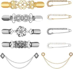 10 Pcs Vintage Sweater Shawl Clips Pearl Brooch Sweater Shawl Safety Pins, Women Brooch Pins Sweater Shawl Clips Faux Crystal Pearl Brooches Cardigan Collar Holders Vintage Sweater Shawl Chain Clips (Silver and Gold)