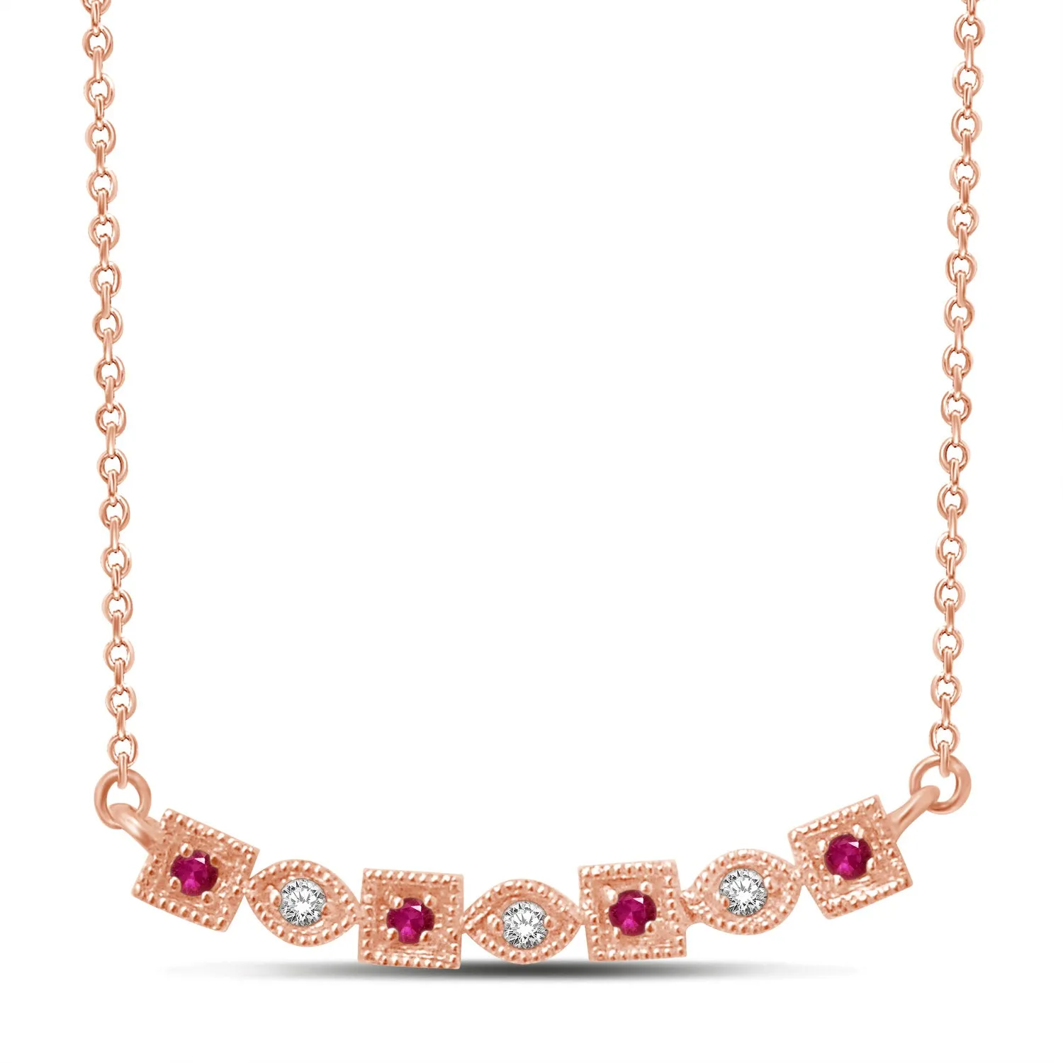 10K Rose Gold 1/10 Ctw Diamond & Round Ruby Necklace