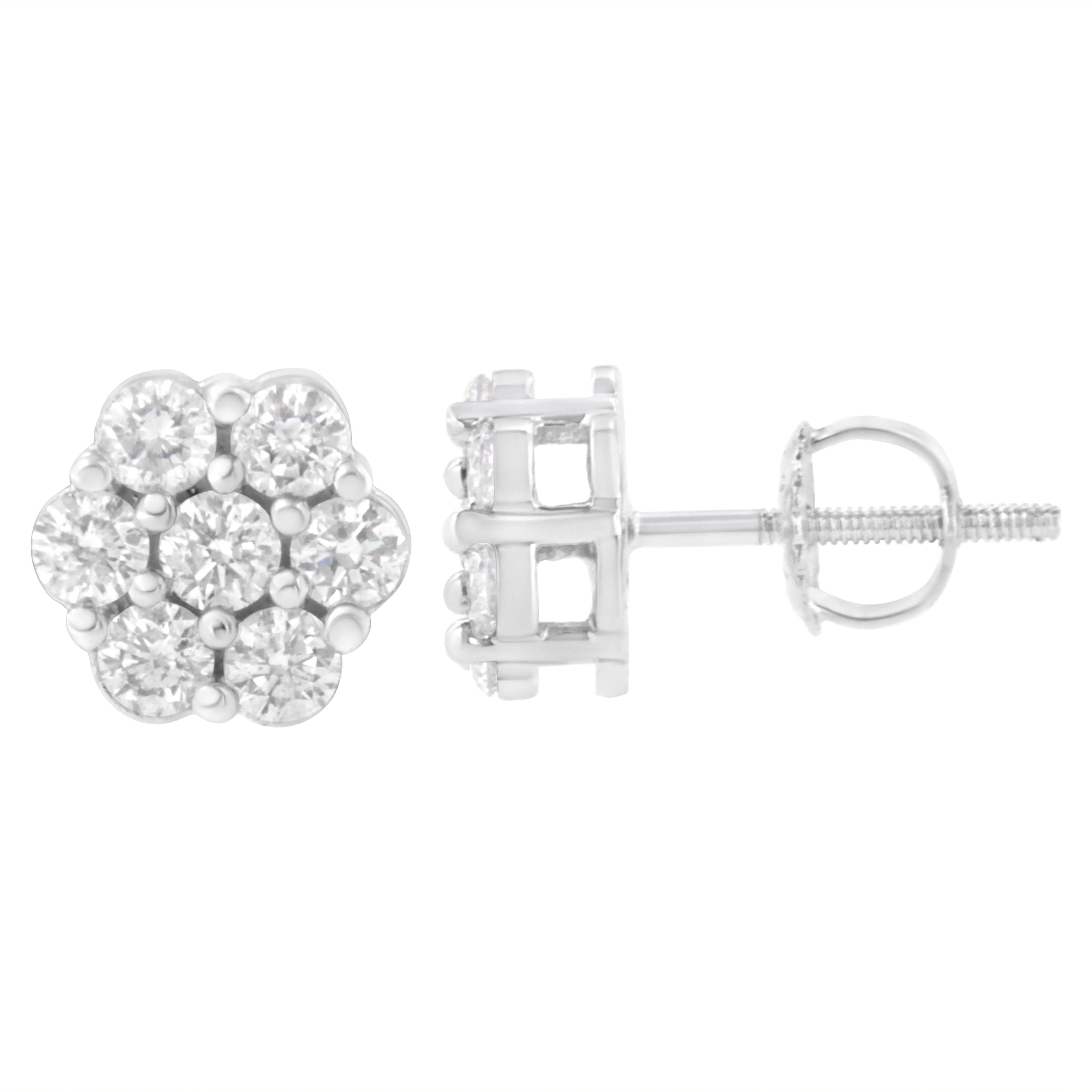 14K White Gold 7 Stone Floral Cluster Round Brilliant Cut Diamond Stud Earrings with Screw Backs(I-J, SI2-I1)