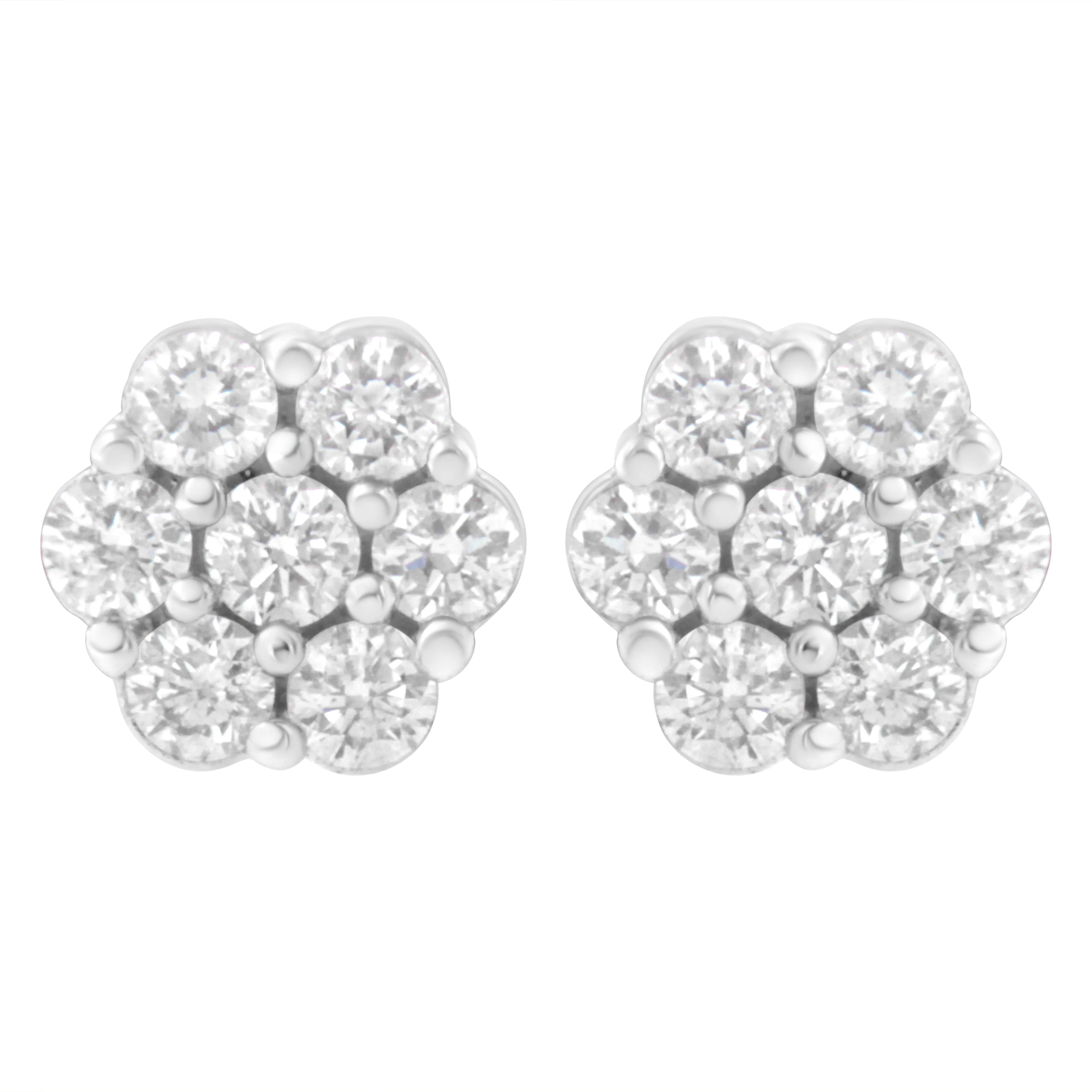 14K White Gold 7 Stone Floral Cluster Round Brilliant Cut Diamond Stud Earrings with Screw Backs(I-J, SI2-I1)