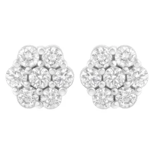 14K White Gold 7 Stone Floral Cluster Round Brilliant Cut Diamond Stud Earrings with Screw Backs(I-J, SI2-I1)