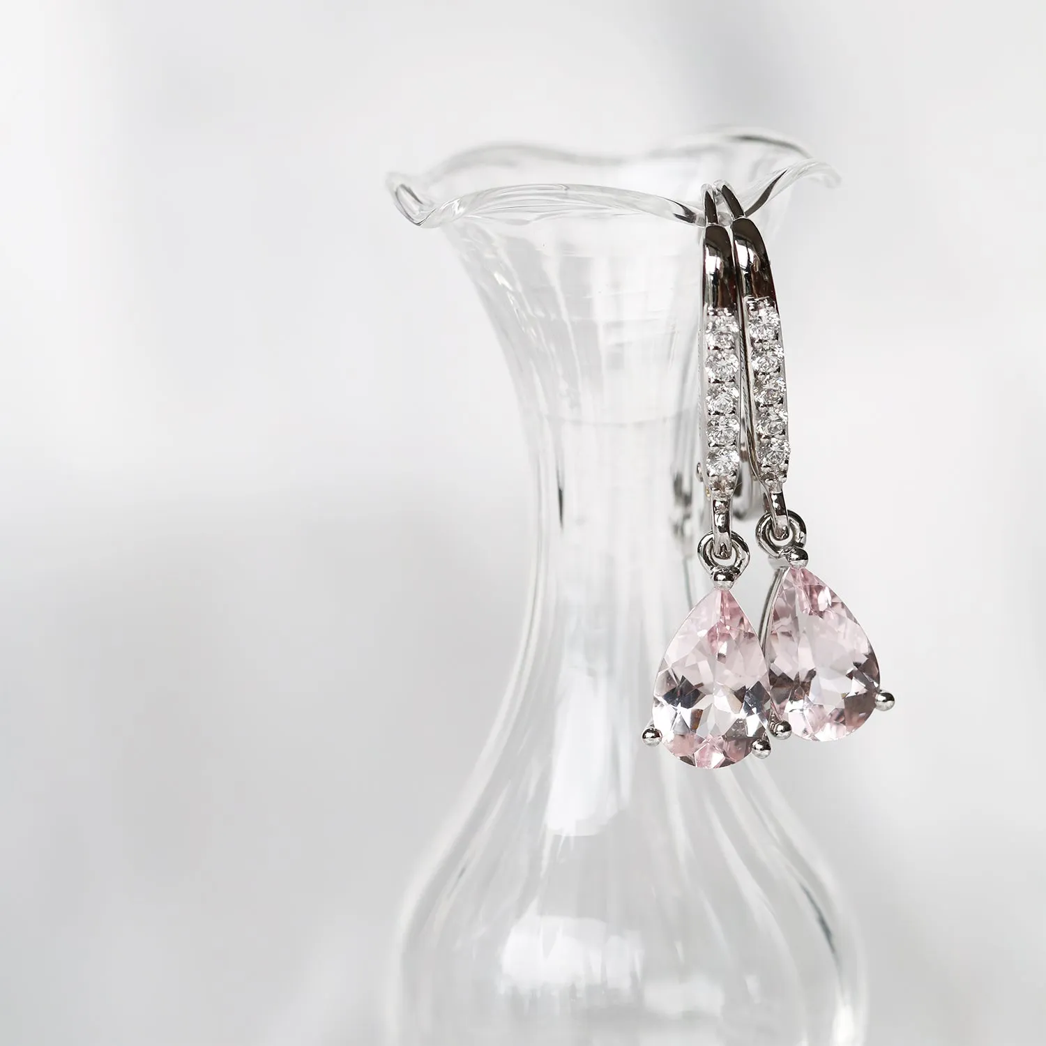 18k White Gold Morganite Diamond Dangle Earrings, Pair
