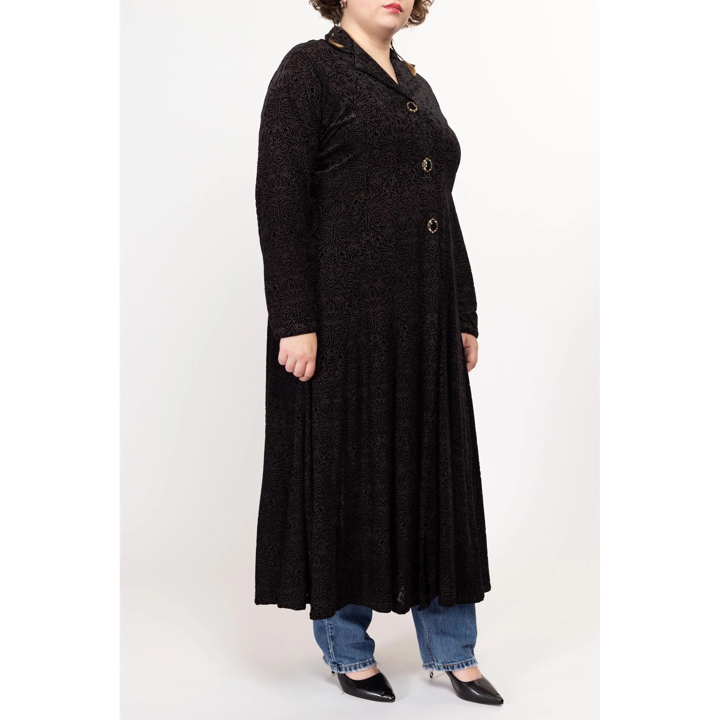 1X 80s Black Velvet Burnout Maxi Overshirt