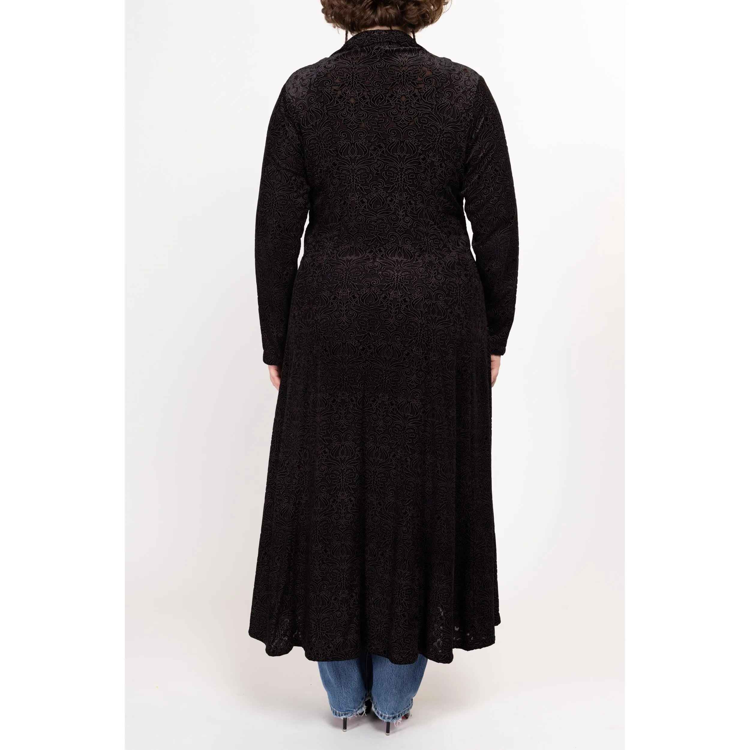 1X 80s Black Velvet Burnout Maxi Overshirt