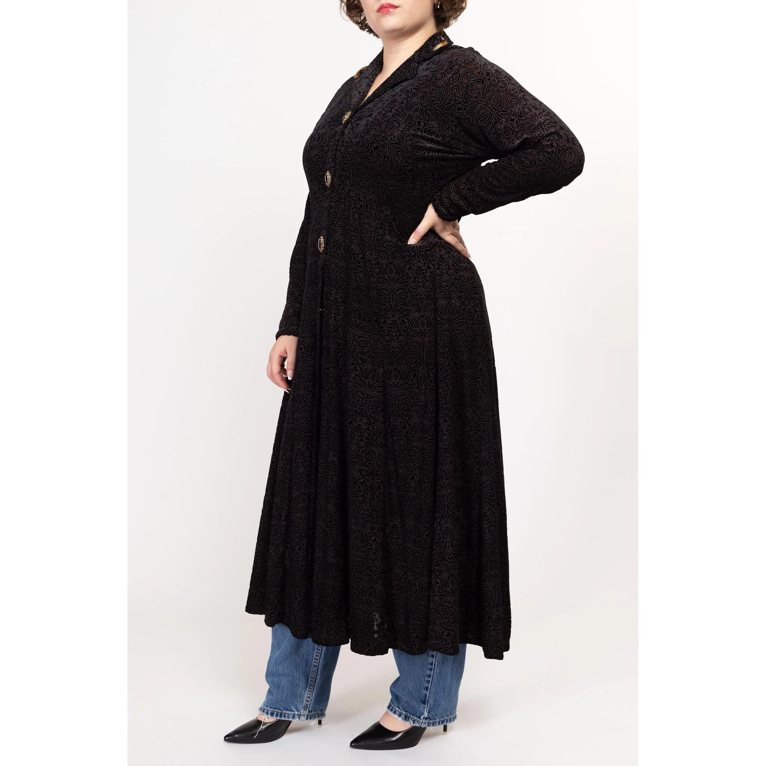 1X 80s Black Velvet Burnout Maxi Overshirt
