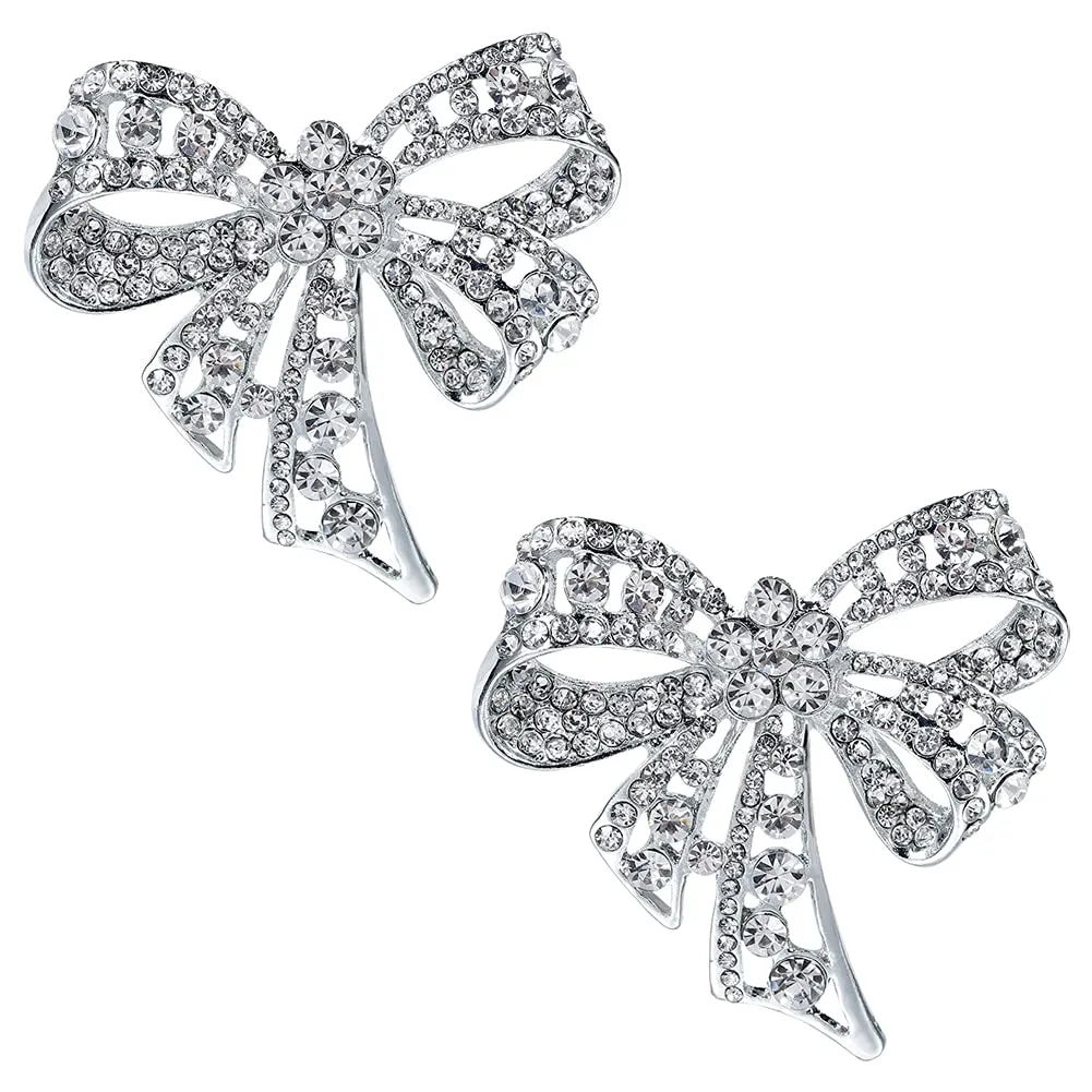 2 Pieces Brooch Pin Bow Brooch Rhinestone Bow Brooches Bowknot Brooch Pin Vintage Fashion Jewelry Accessories, Silver