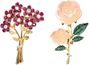 2Pcs Fashion Rhinestone Flower Brooches Pins Cute Resin Crystal Floral Lapel Pin Brooch Costume Decorate Jewelry for Women Gril Gift