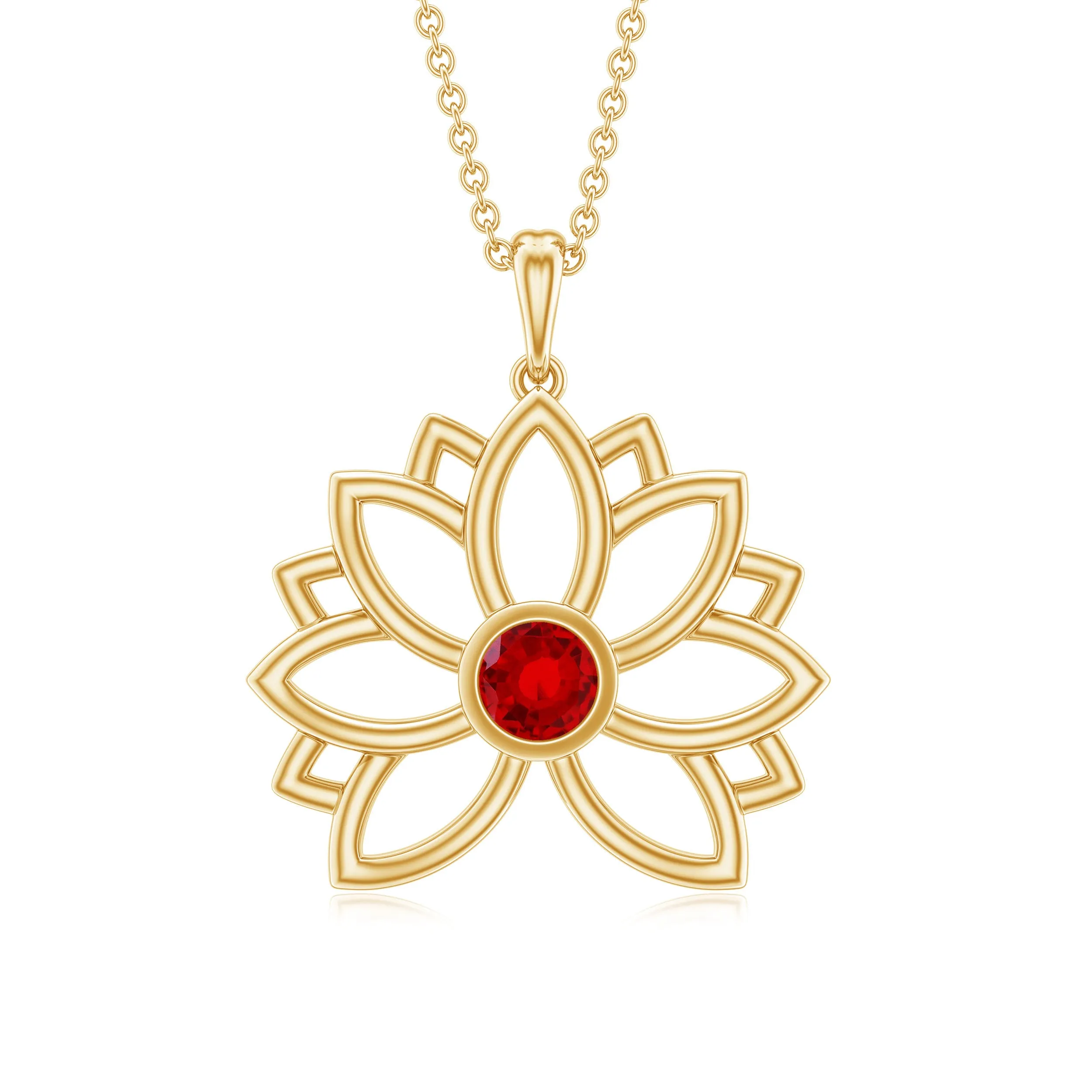 3 MM Created Ruby Lotus Flower Gold Necklace
