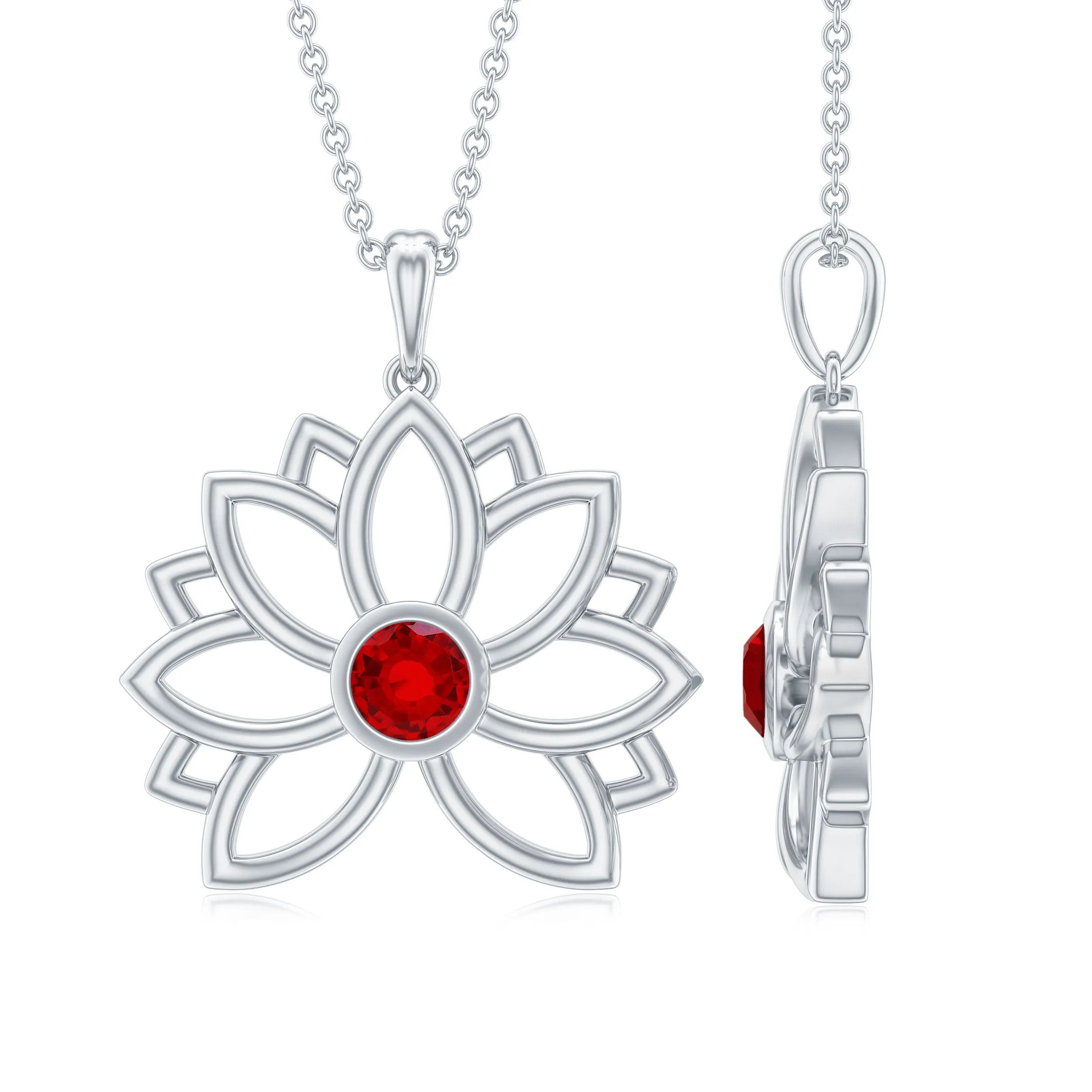 3 MM Created Ruby Lotus Flower Gold Necklace