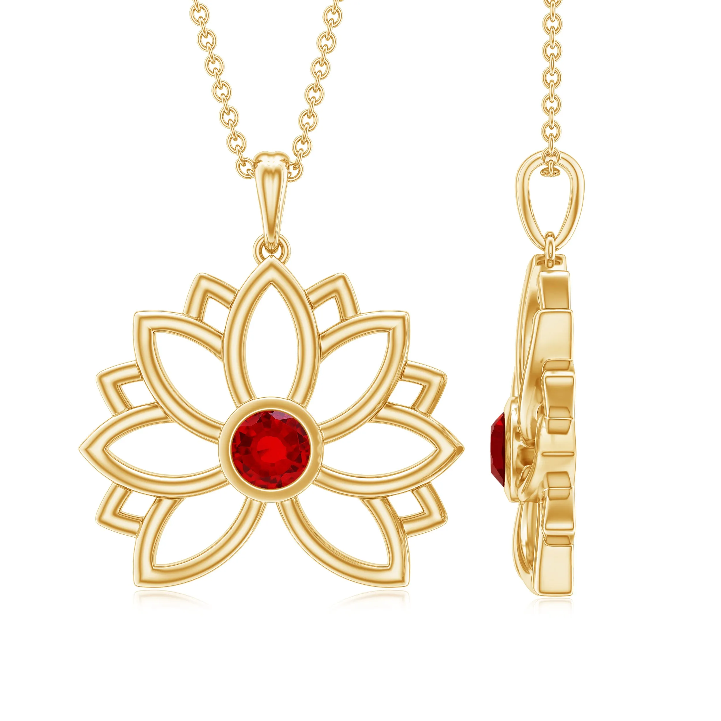 3 MM Created Ruby Lotus Flower Gold Necklace