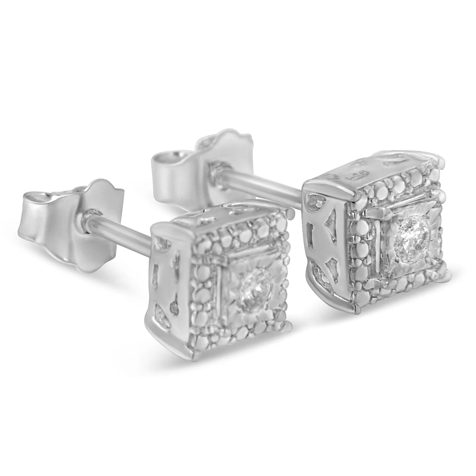 .925 Sterling Silver 1/10 Cttw Round Brilliant-Cut Near Colorless Diamond Miracle-Set Beaded Square Stud Earrings