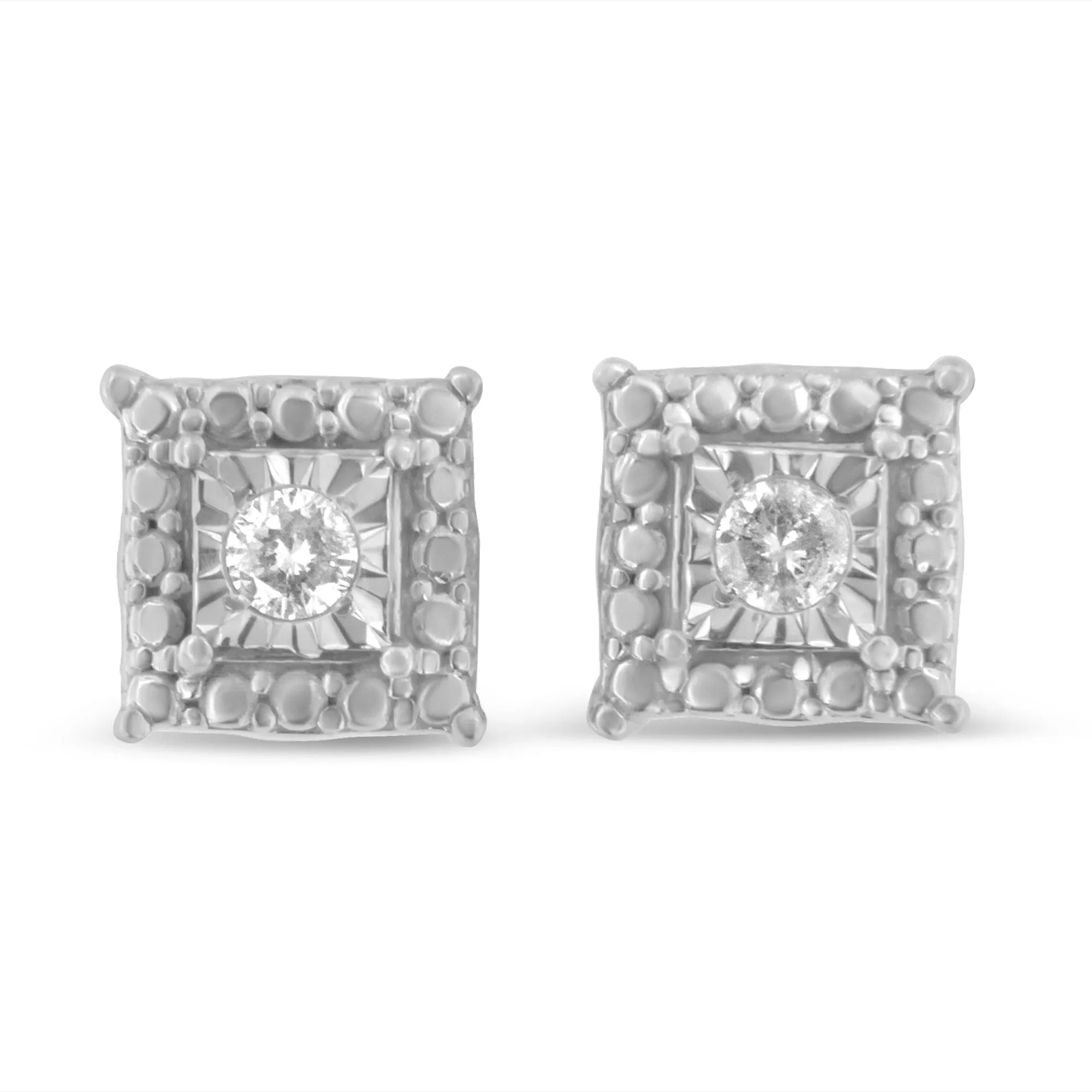 .925 Sterling Silver 1/10 Cttw Round Brilliant-Cut Near Colorless Diamond Miracle-Set Beaded Square Stud Earrings
