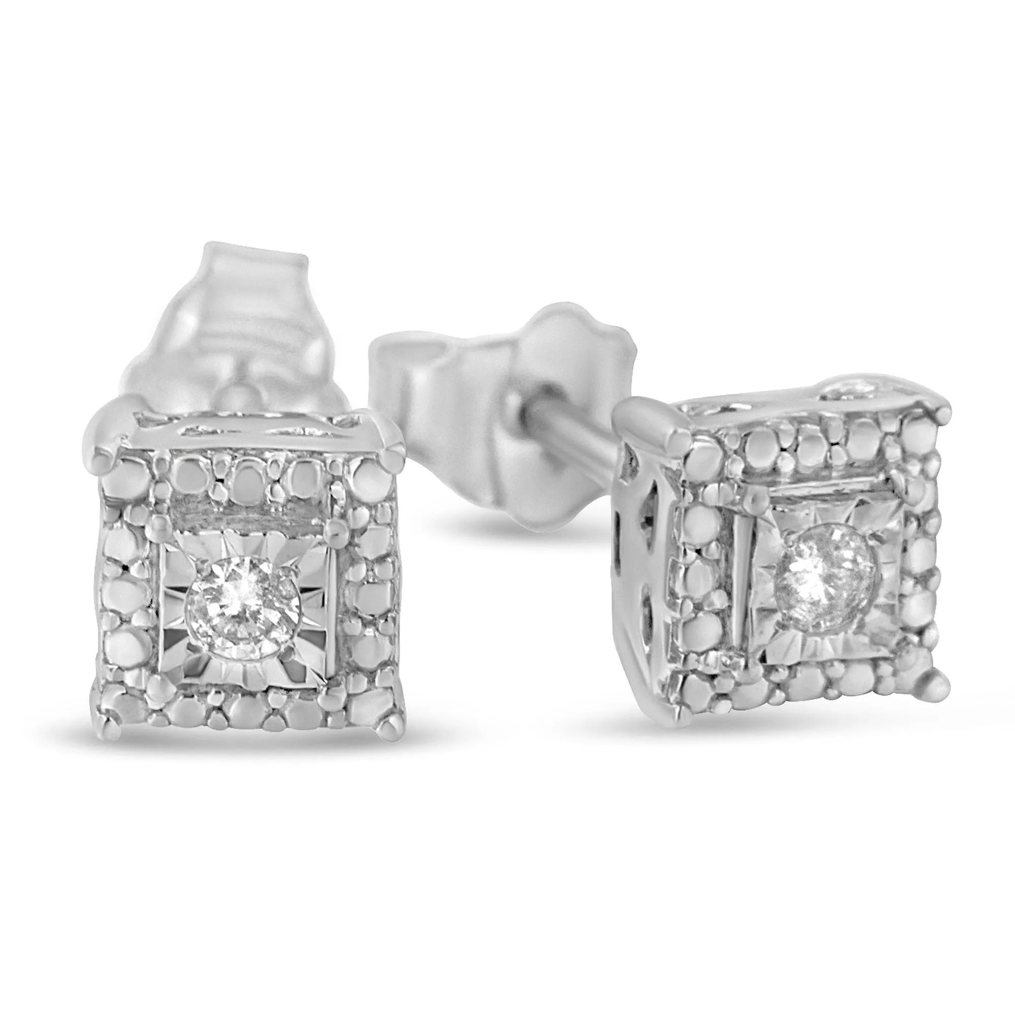 .925 Sterling Silver 1/10 Cttw Round Brilliant-Cut Near Colorless Diamond Miracle-Set Beaded Square Stud Earrings