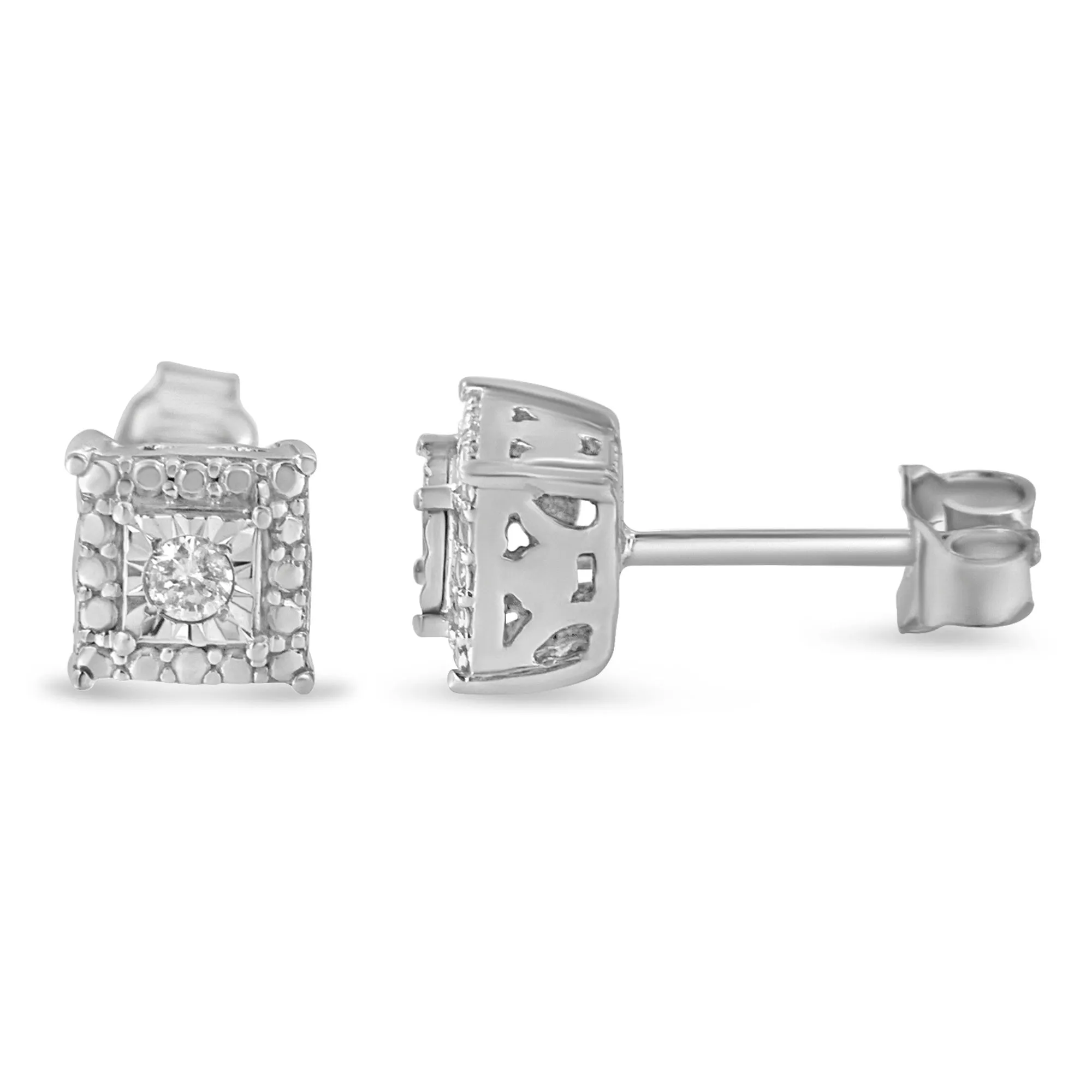 .925 Sterling Silver 1/10 Cttw Round Brilliant-Cut Near Colorless Diamond Miracle-Set Beaded Square Stud Earrings