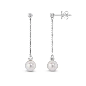 9ct White Gold Diamond & Pearl Chain Stud Earrings