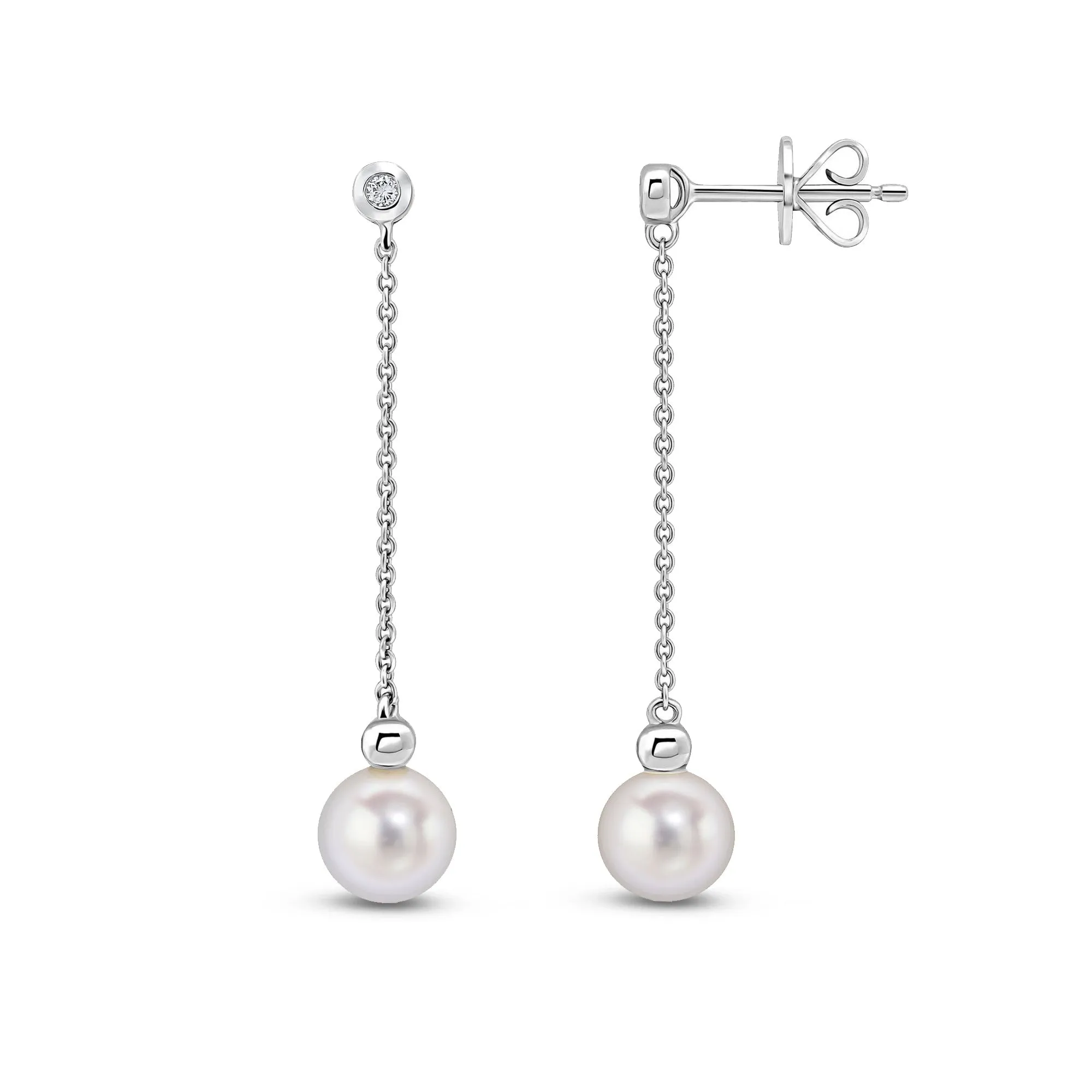 9ct White Gold Diamond & Pearl Chain Stud Earrings