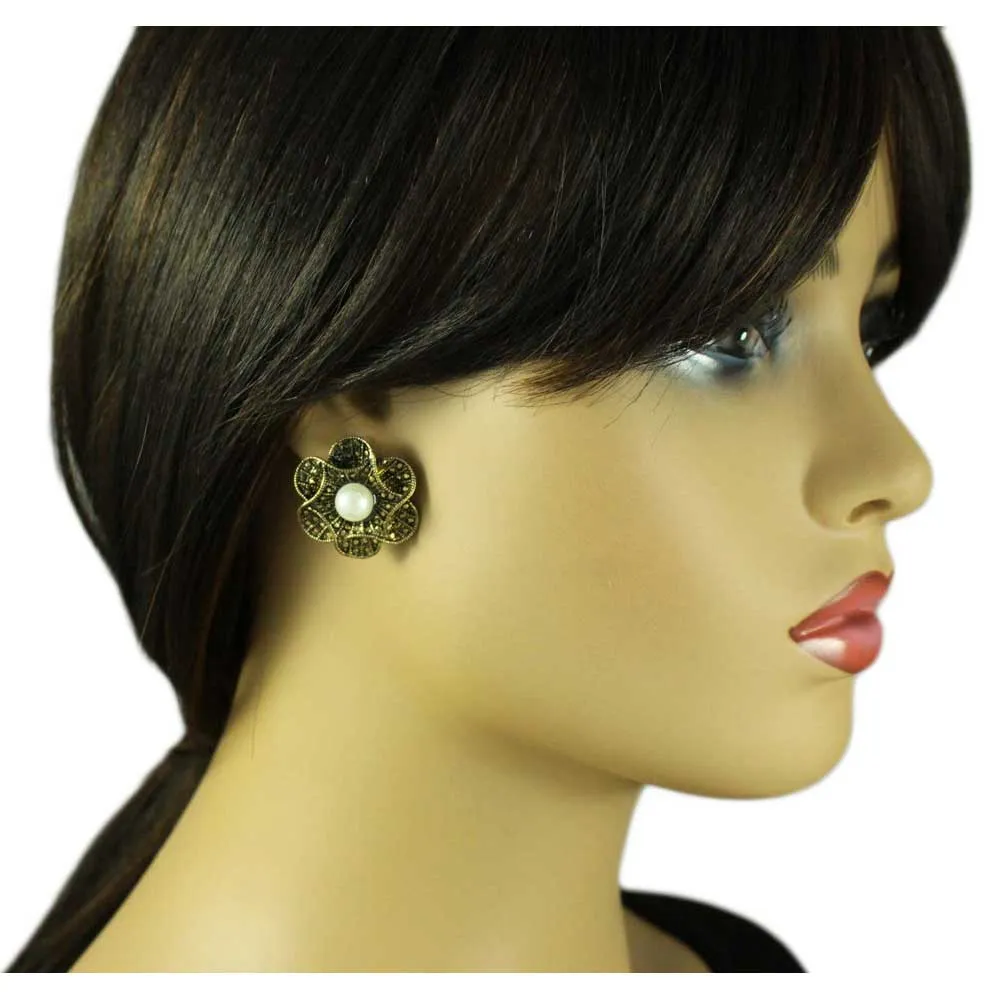 Antique Gold-tone Flower with White Pearl Pierced Earring - PRE502