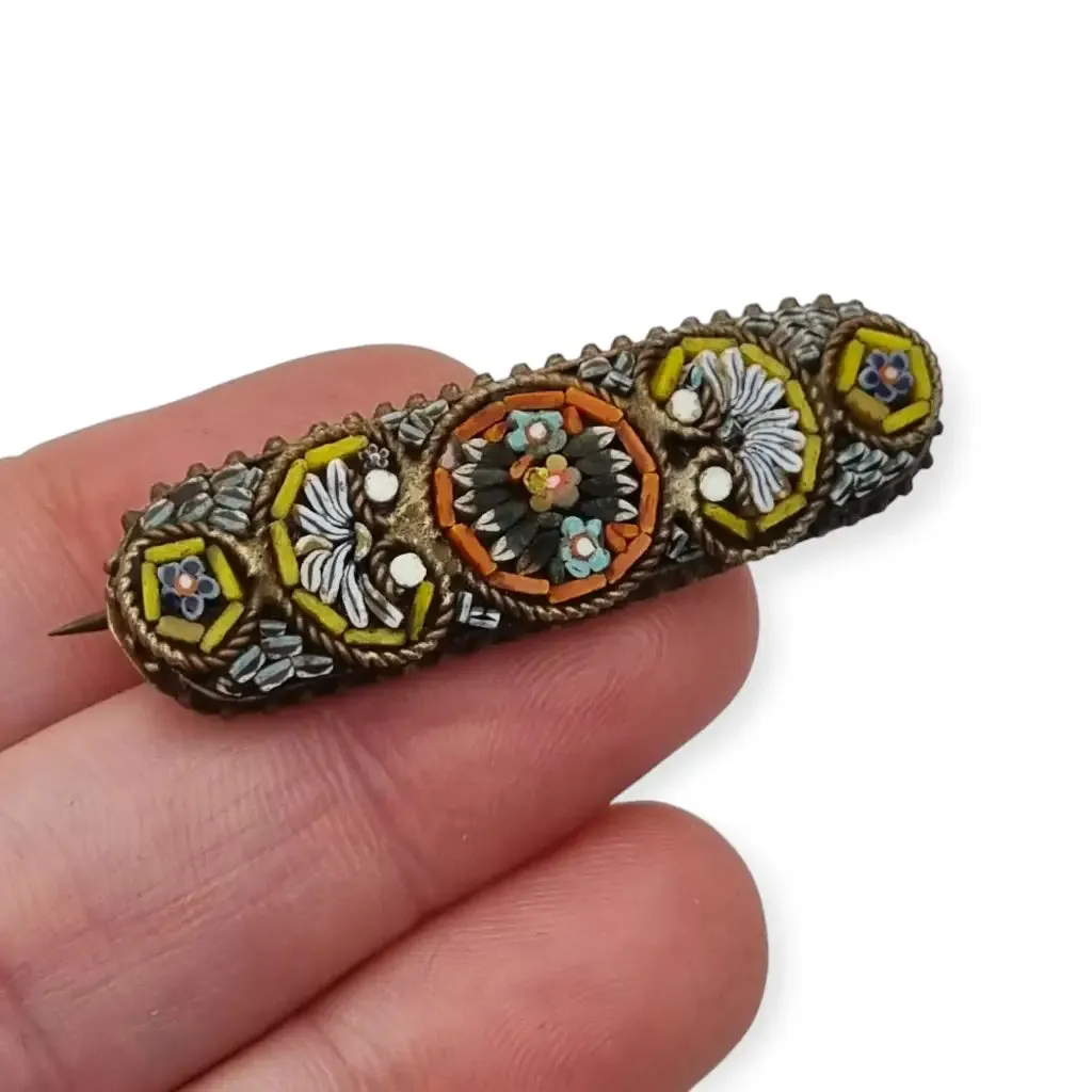 Antique Italian micromosaic brooch, floral design in enamelled glass, 1940.