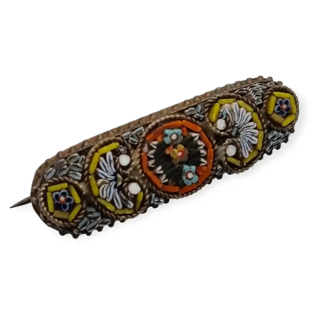 Antique Italian micromosaic brooch, floral design in enamelled glass, 1940.