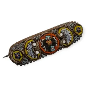 Antique Italian micromosaic brooch, floral design in enamelled glass, 1940.
