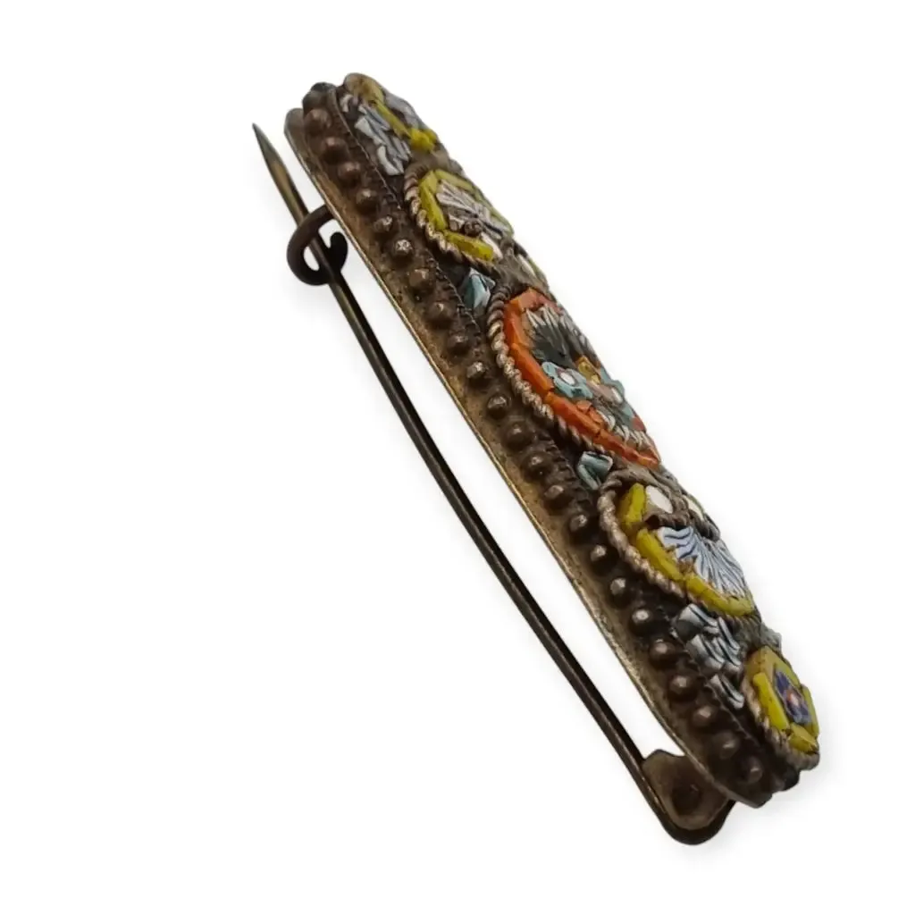Antique Italian micromosaic brooch, floral design in enamelled glass, 1940.