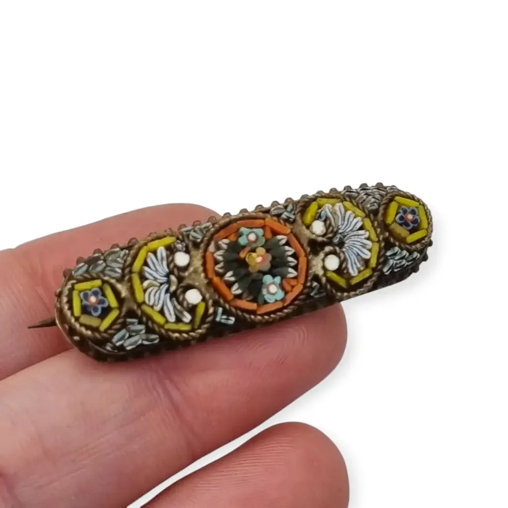 Antique Italian micromosaic brooch, floral design in enamelled glass, 1940.