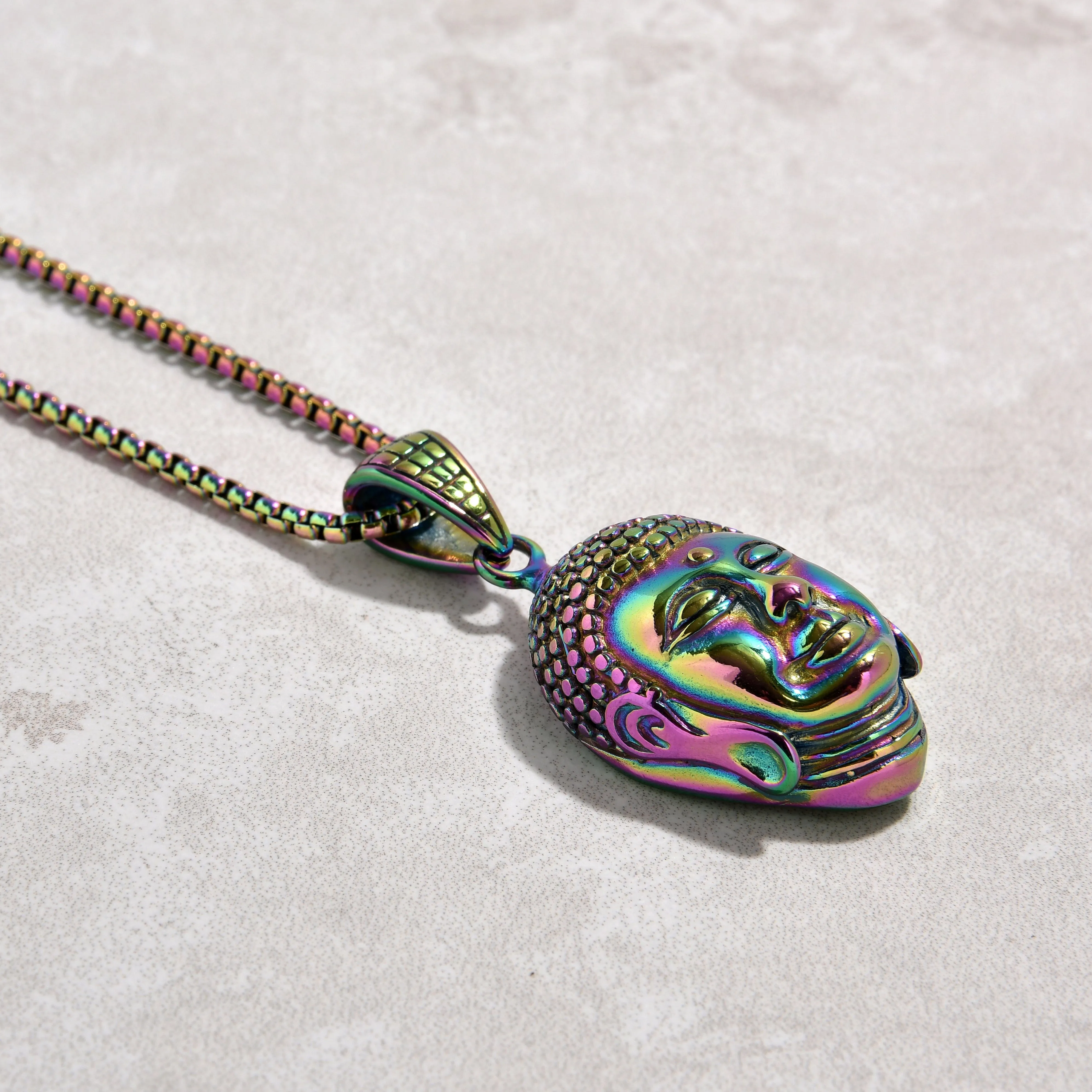 Aurora Borealis Buddha Steel Hearts Necklace