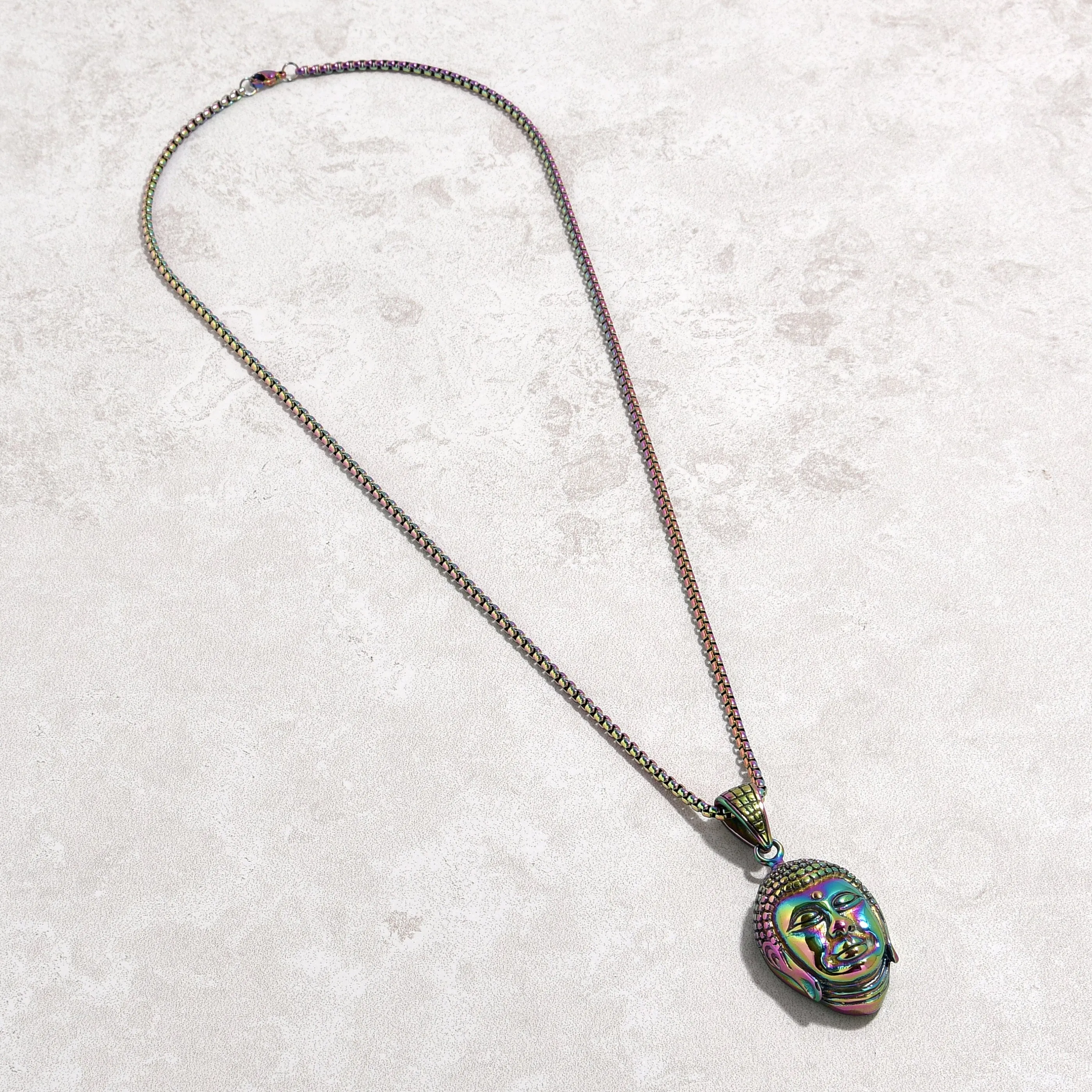 Aurora Borealis Buddha Steel Hearts Necklace