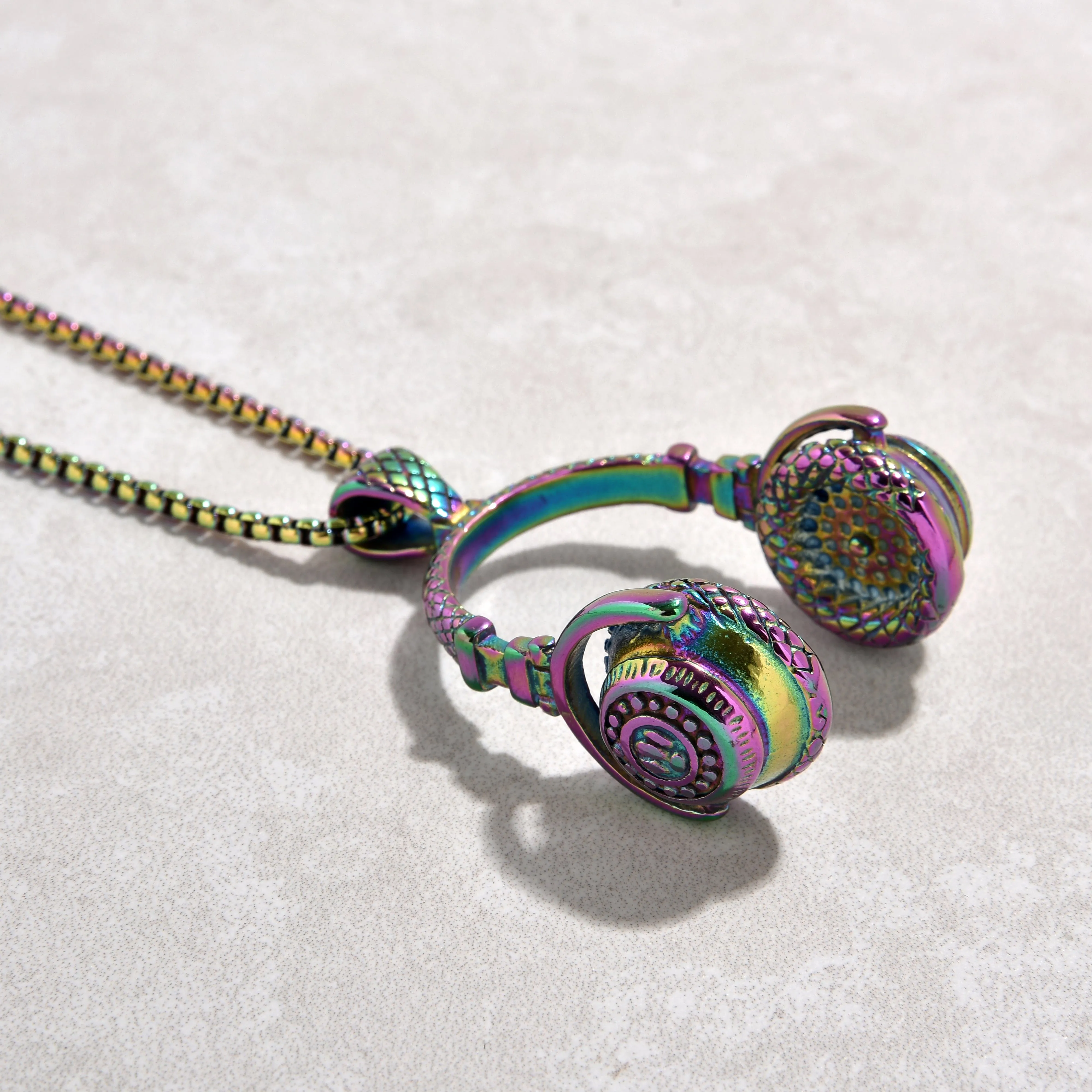 Aurora Borealis Large Headphones Steel Hearts Necklace