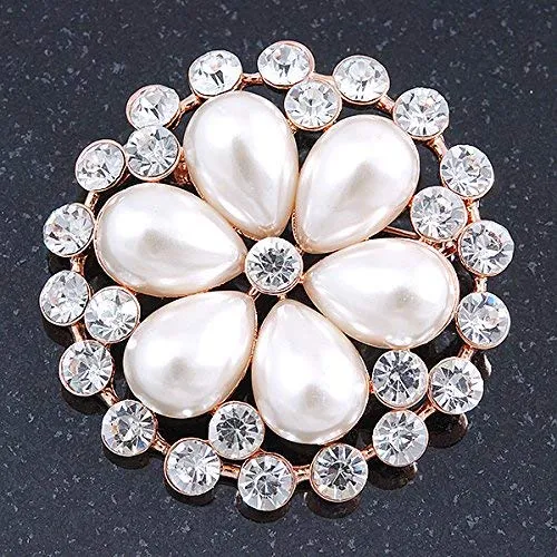 Avalaya Bridal, Wedding, Prom Crystal, Pearl Flower Brooch in Rose Gold - 55mm Diameter