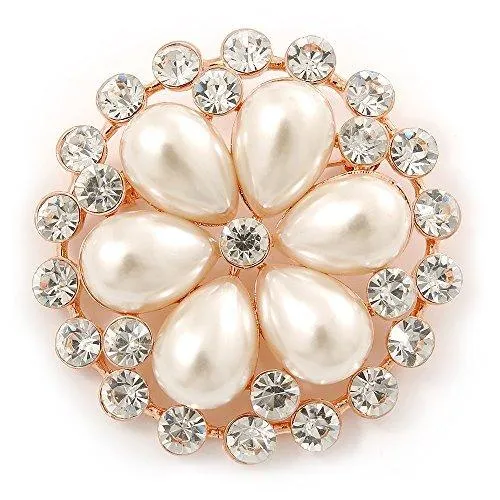 Avalaya Bridal, Wedding, Prom Crystal, Pearl Flower Brooch in Rose Gold - 55mm Diameter