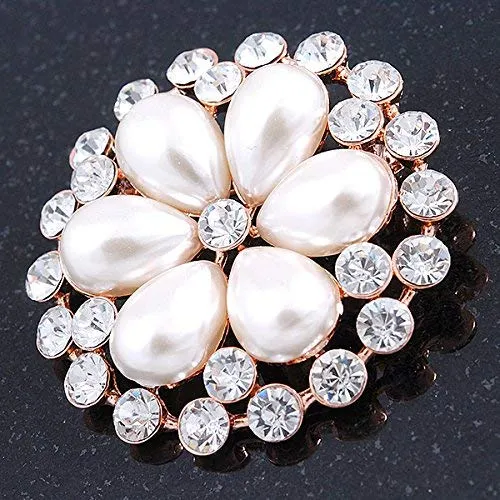 Avalaya Bridal, Wedding, Prom Crystal, Pearl Flower Brooch in Rose Gold - 55mm Diameter