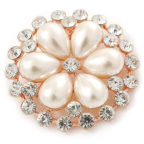 Avalaya Bridal, Wedding, Prom Crystal, Pearl Flower Brooch in Rose Gold - 55mm Diameter