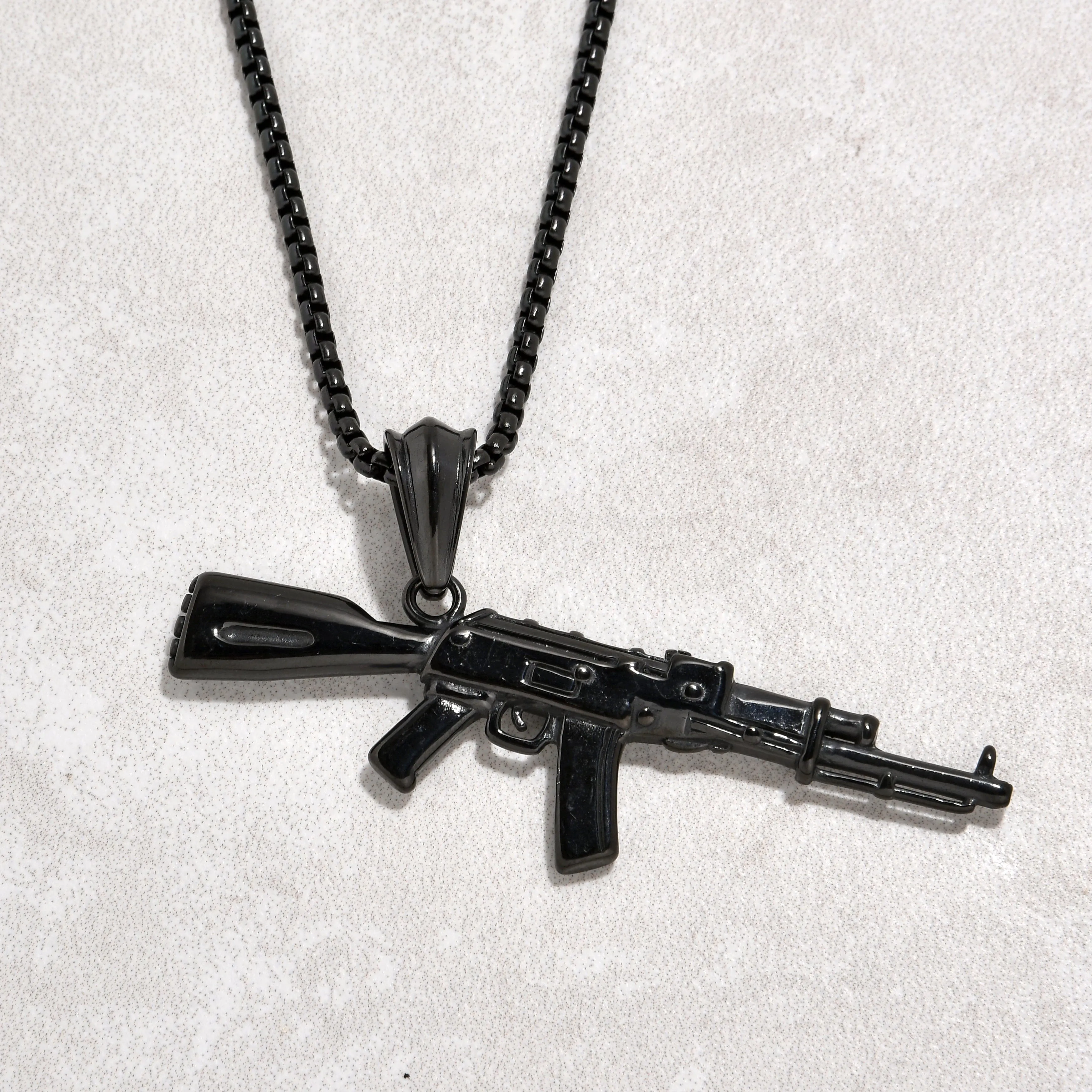 Black Gun Metal AK-47 Gun Steel Hearts Necklace