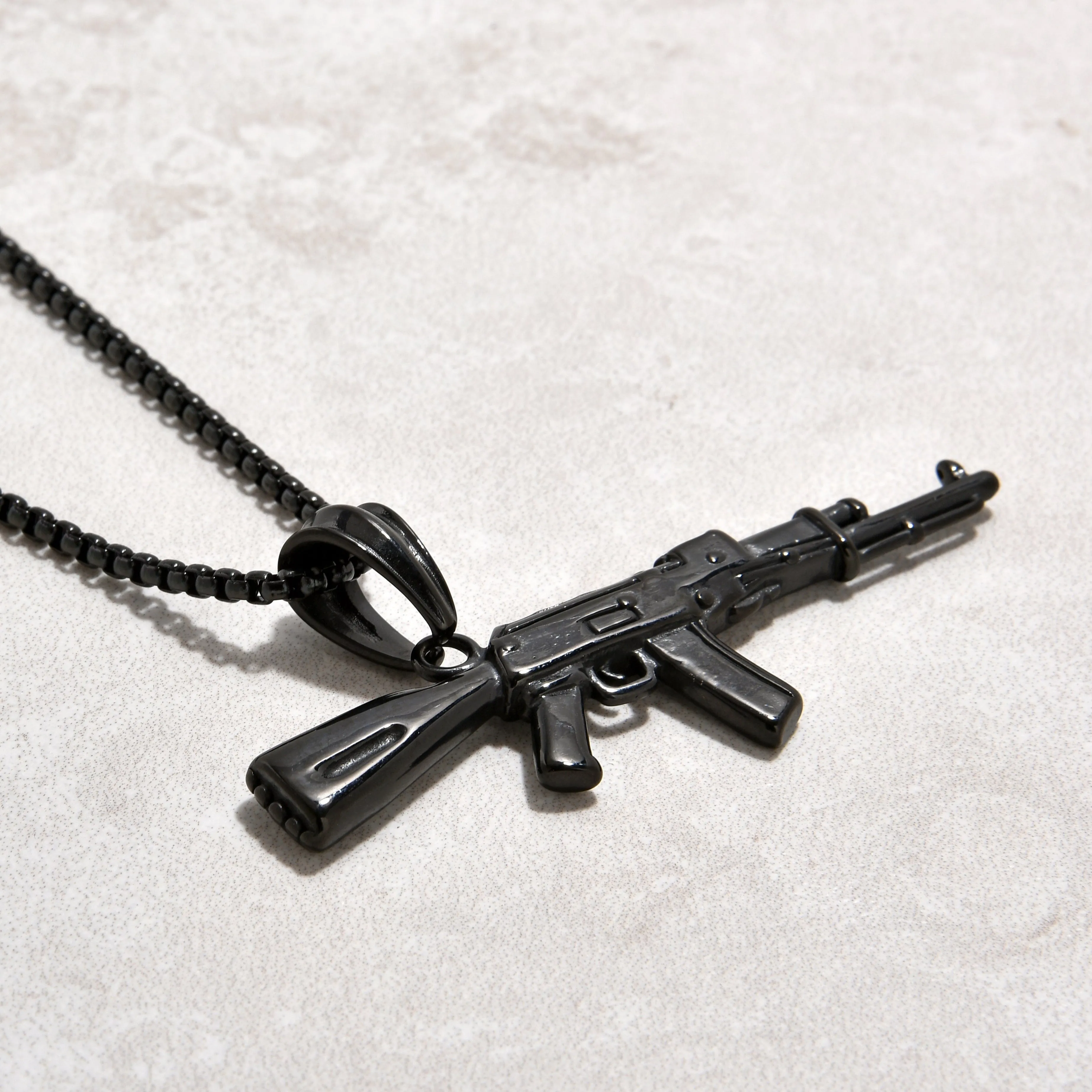Black Gun Metal AK-47 Gun Steel Hearts Necklace