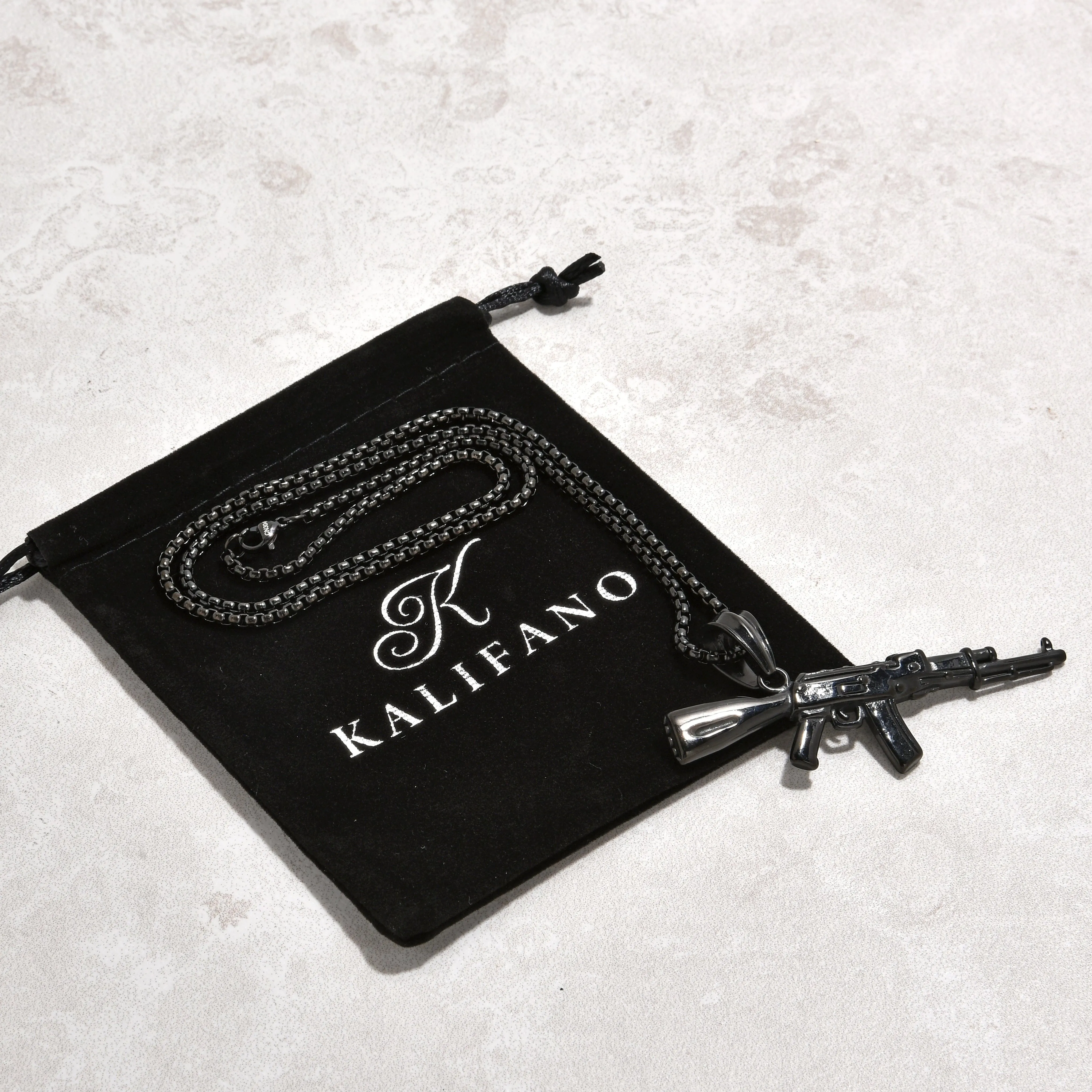 Black Gun Metal AK-47 Gun Steel Hearts Necklace