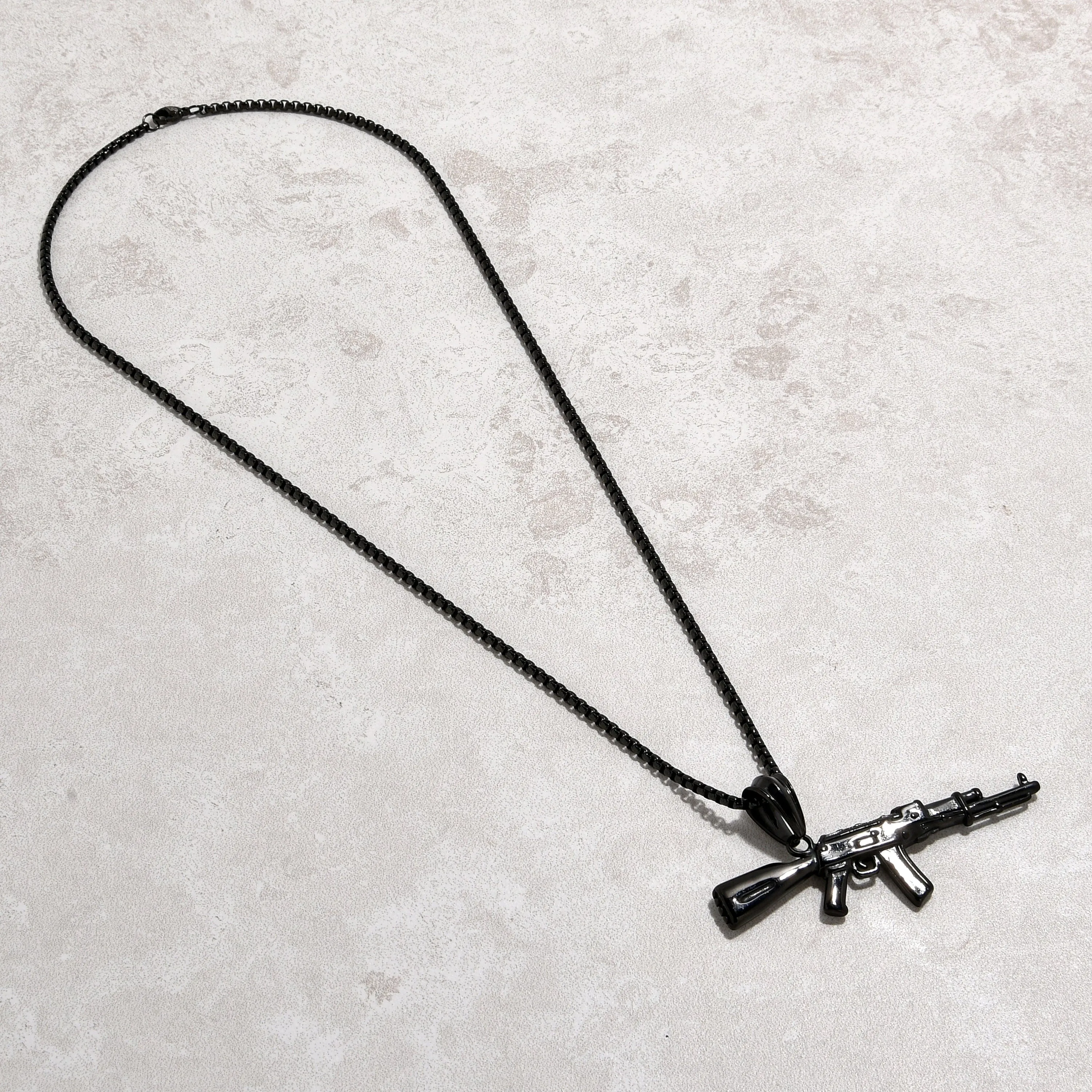 Black Gun Metal AK-47 Gun Steel Hearts Necklace