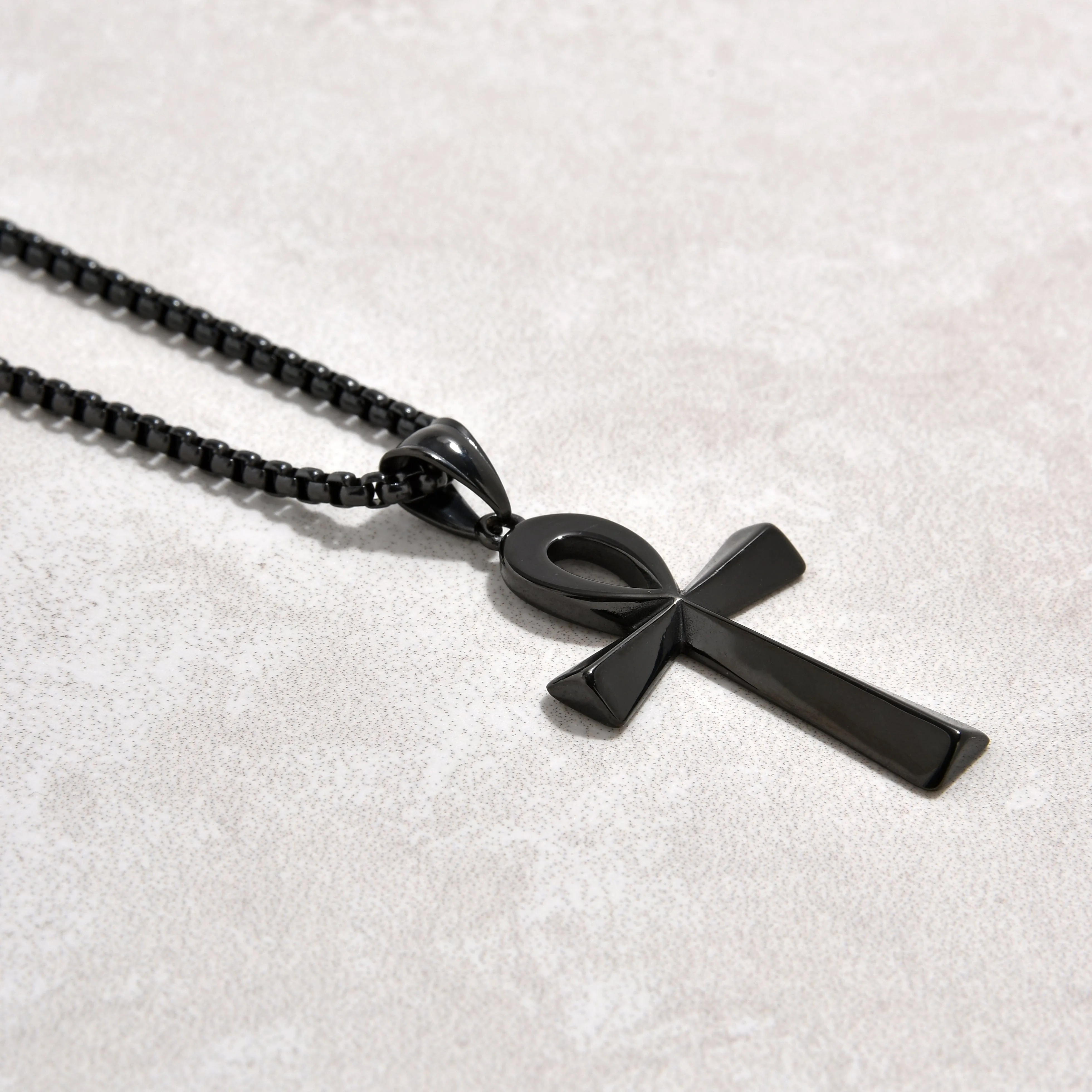 Black Gun Metal Ankh Cross Steel Hearts Necklace