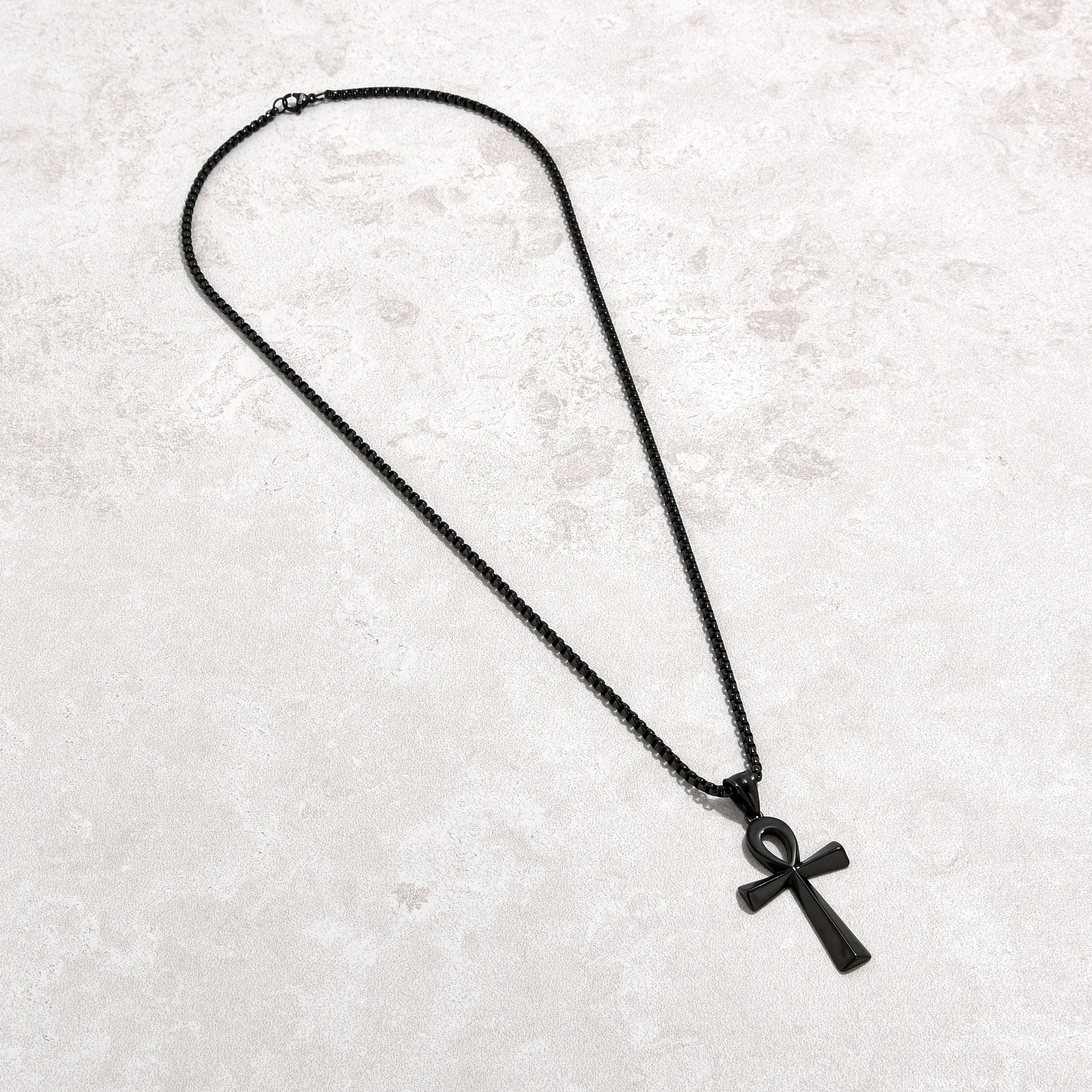 Black Gun Metal Ankh Cross Steel Hearts Necklace