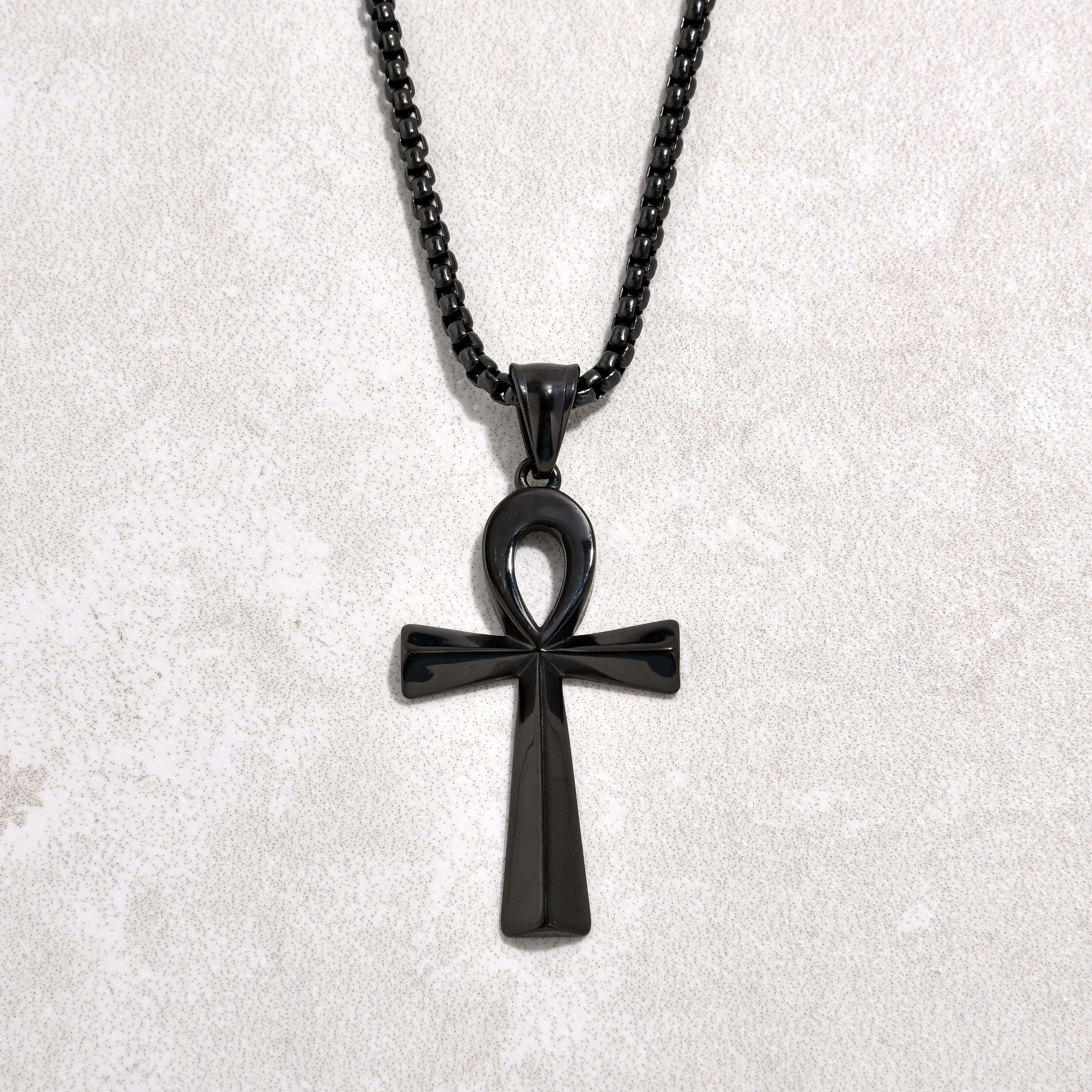 Black Gun Metal Ankh Cross Steel Hearts Necklace