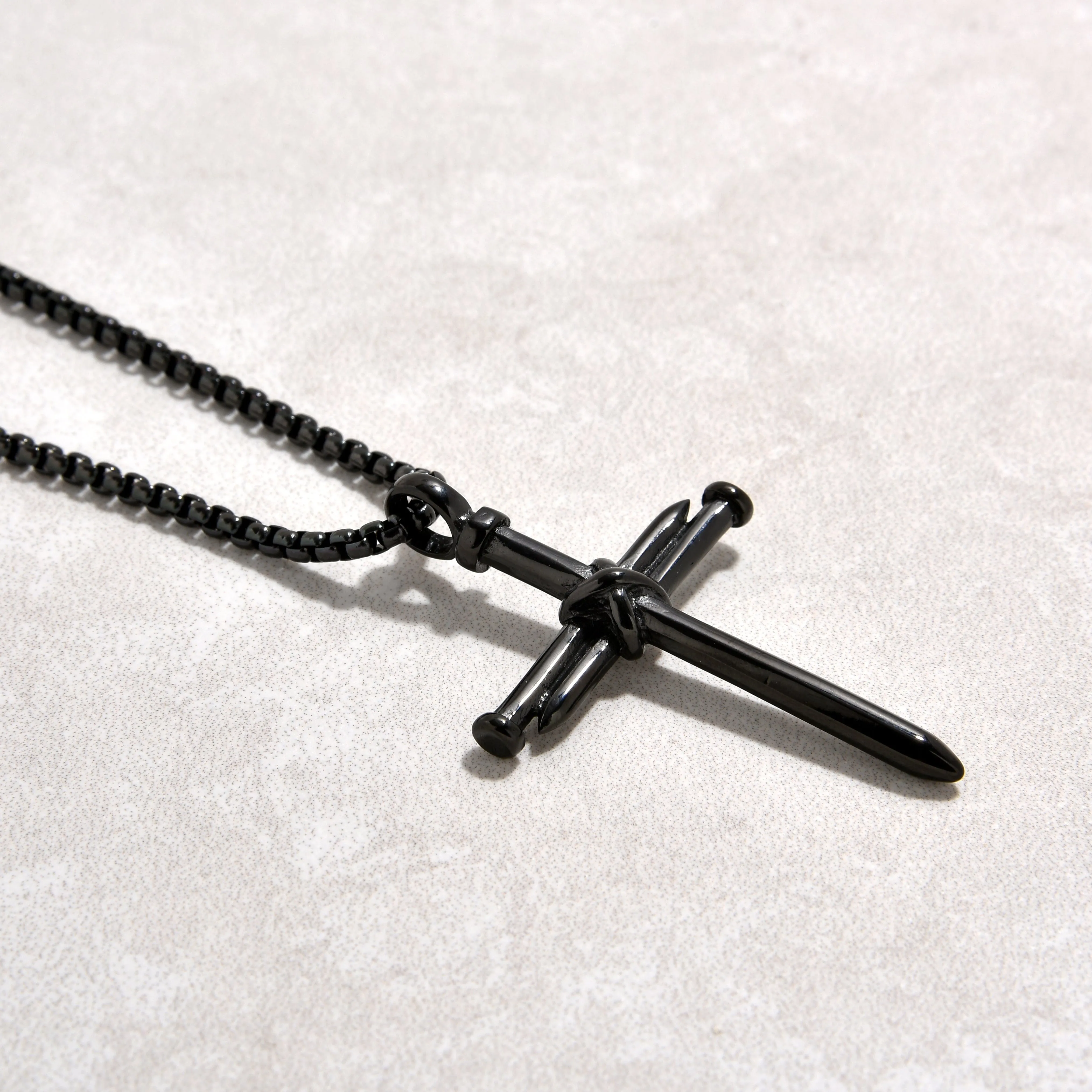 Black Gun Metal Cross Steel Hearts Necklace