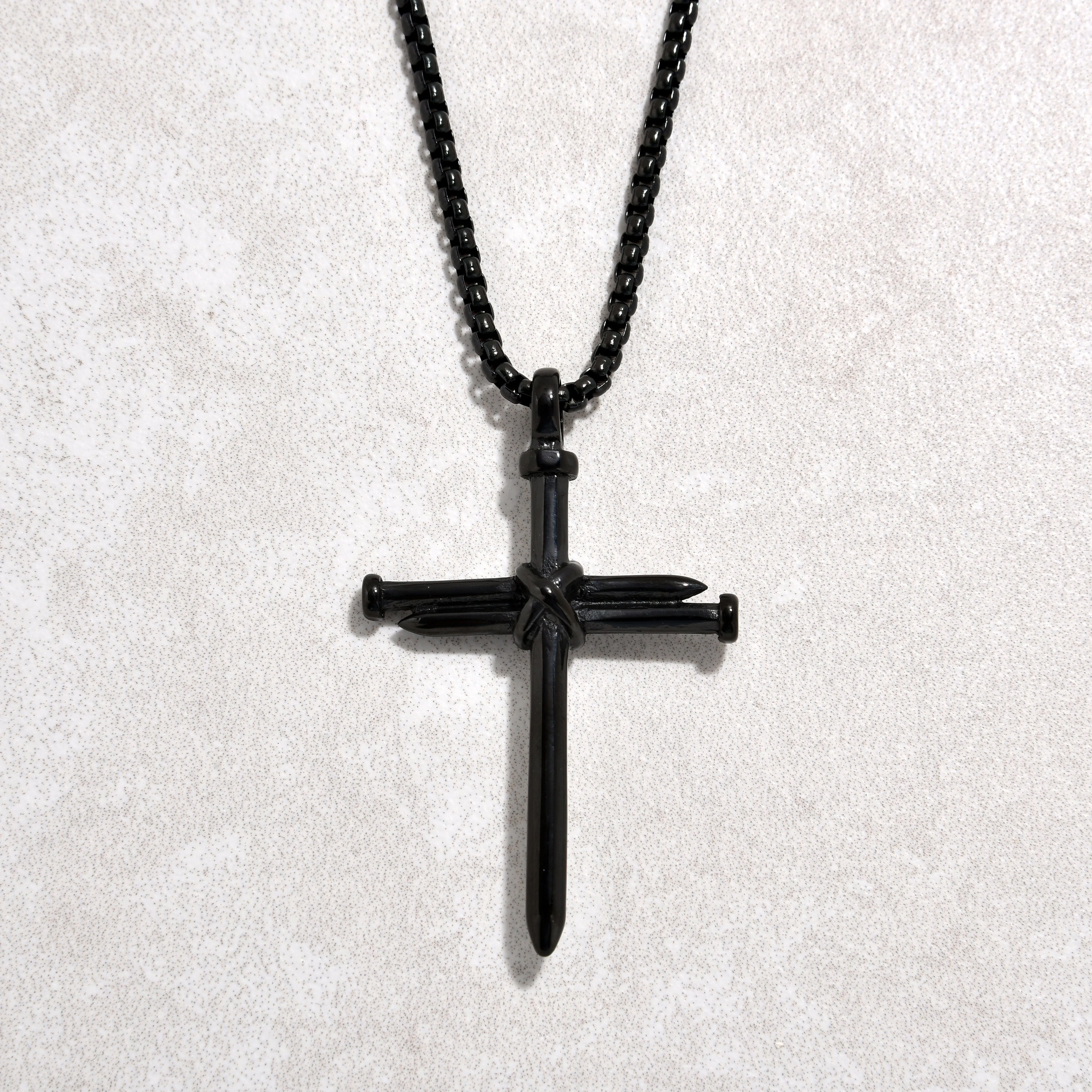 Black Gun Metal Cross Steel Hearts Necklace