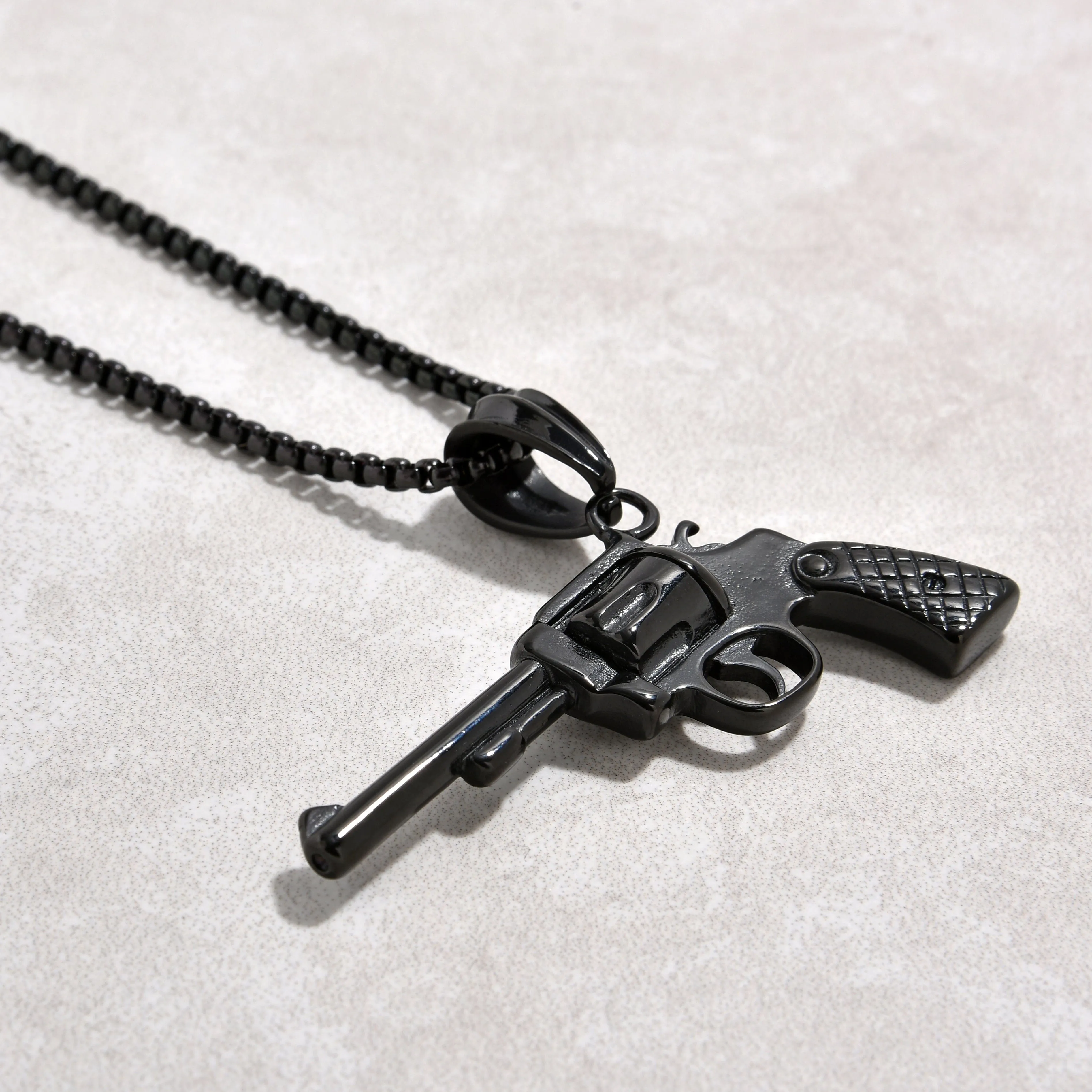 Black Gun Metal Revolver gun Steel Hearts Necklace