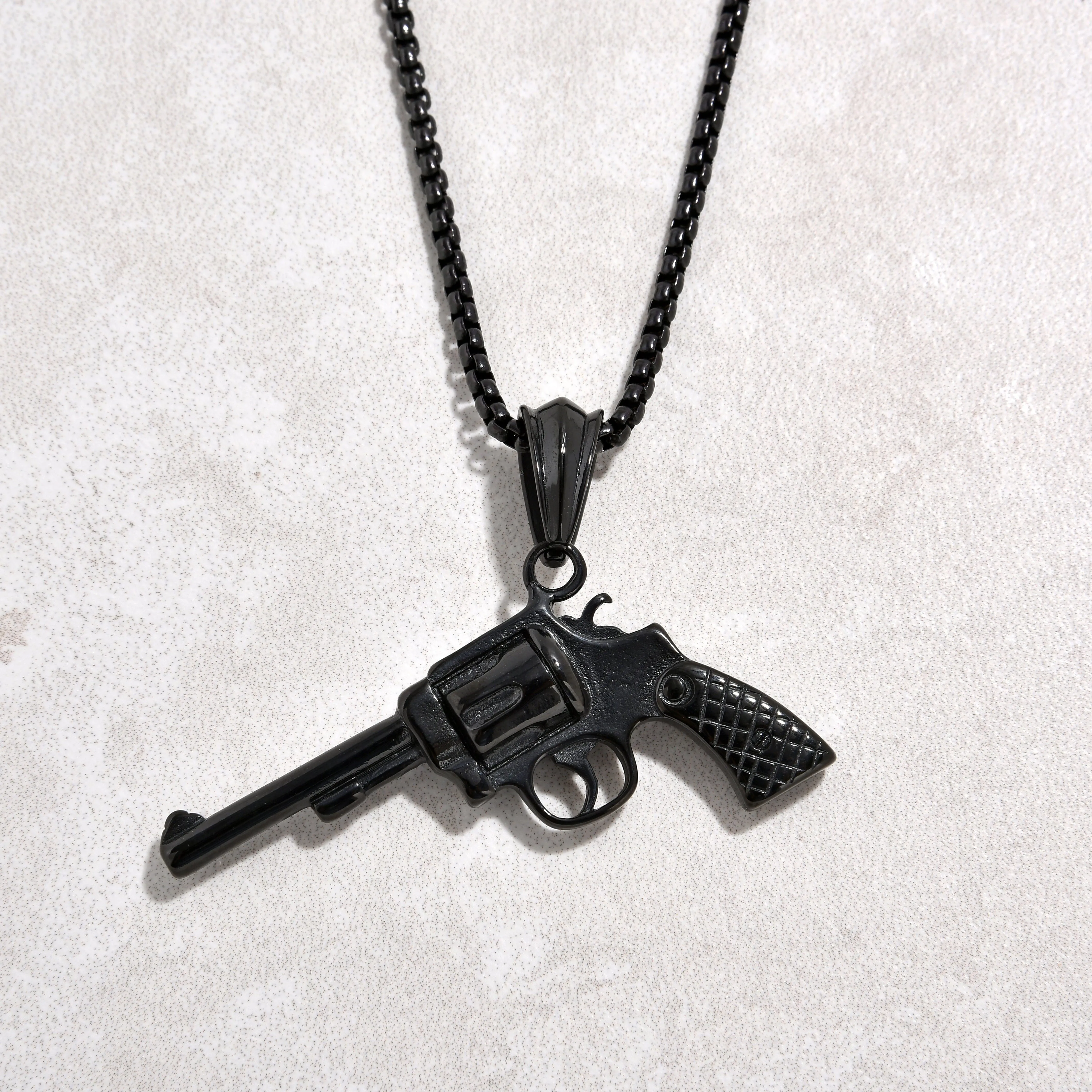 Black Gun Metal Revolver gun Steel Hearts Necklace