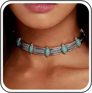 Boho Turquoise Choker Necklace Vintage Turquoise Necklaces Chunky Silver Chain Necklaces Thick Collarbone Necklace Gypsy Necklaces Chain Jewelry for Women Tribal Necklace