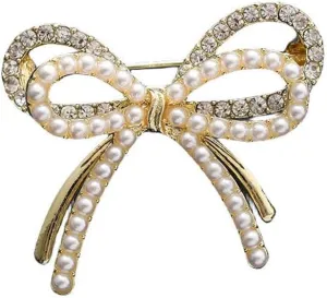 Bow Knot Brooch Rhinestones Pearl Bow Lapel Pin Alloy Pearl Brooch Satin Ribbon Bow Badge Women's Dress Shawl Sweater Decoration