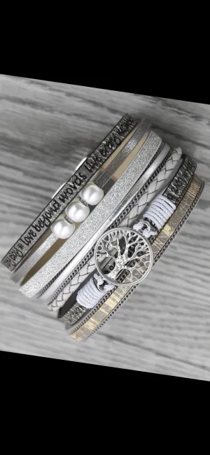 Bracelets { Laugh everyday • Love beyond words • Live every moment } • Tree of life • Glitter • Magnetic closure • 7 1/2 inches • Leather • Wrap