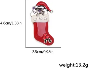 Christmas Cat Red Stocking Brooch for Women Girls Cubic Zirconia Fashion Cute Santa Hat Enamel Pins Vintage Brooches Corsage Pin Xmas Holiday Coats Bags Clothes Decoration Party Winter Festive Jewelry Gifts