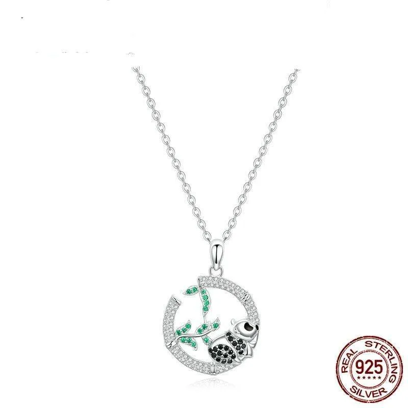 Design Panda and Bamboo Pendant Necklace Chinese Cute Animal Necklaces for Women Sterling Silver 925 Jewelry BSN079