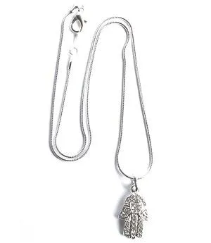 'Diamante Hamsa Hand / Hand of Fatima' Silver Plated Necklace